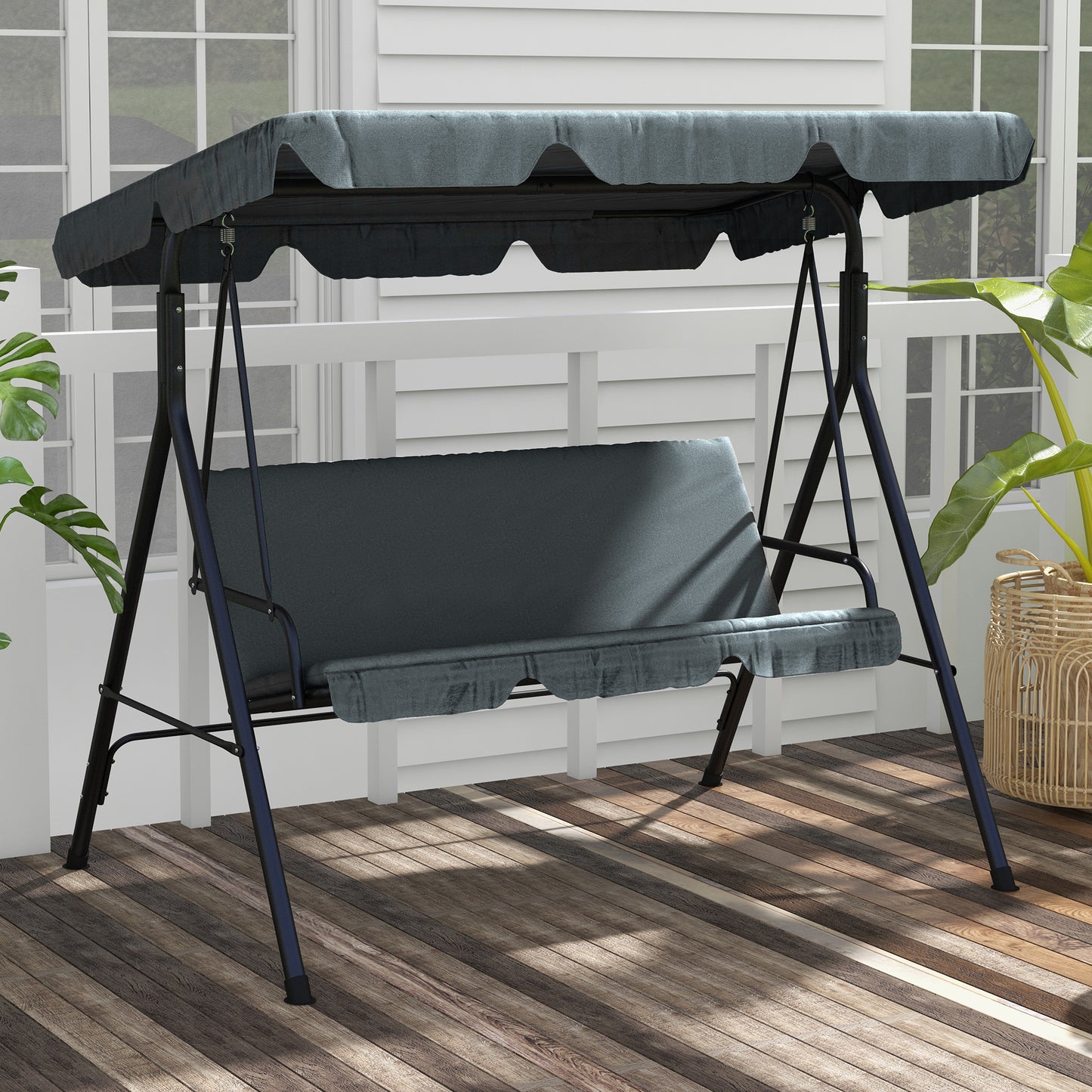 3-seater swing with adjustable canopy and cushions, in steel and polyester, 172x110x153 cm, gray - Borgè