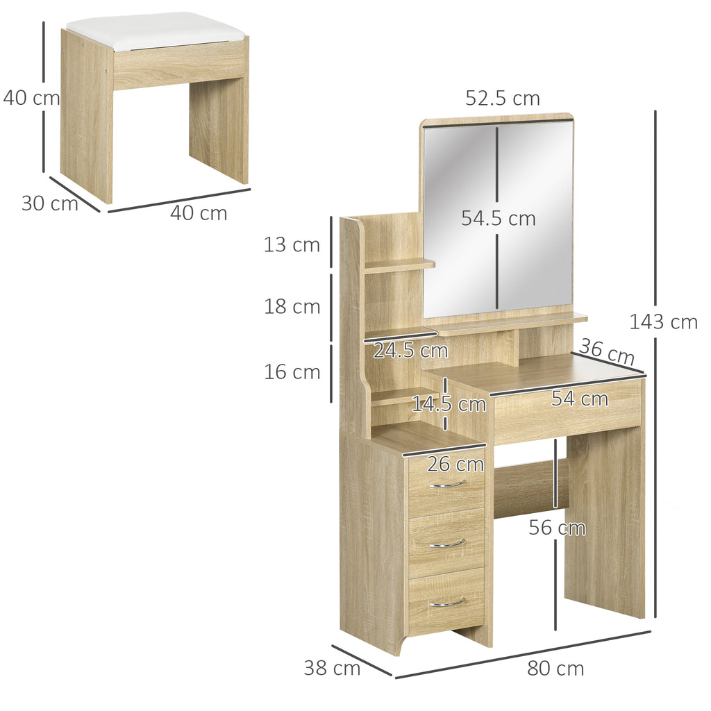 Dressing Table with Mirror, Dressing Table, Stool, 4 Drawers and 4 Shelves, Wood Color