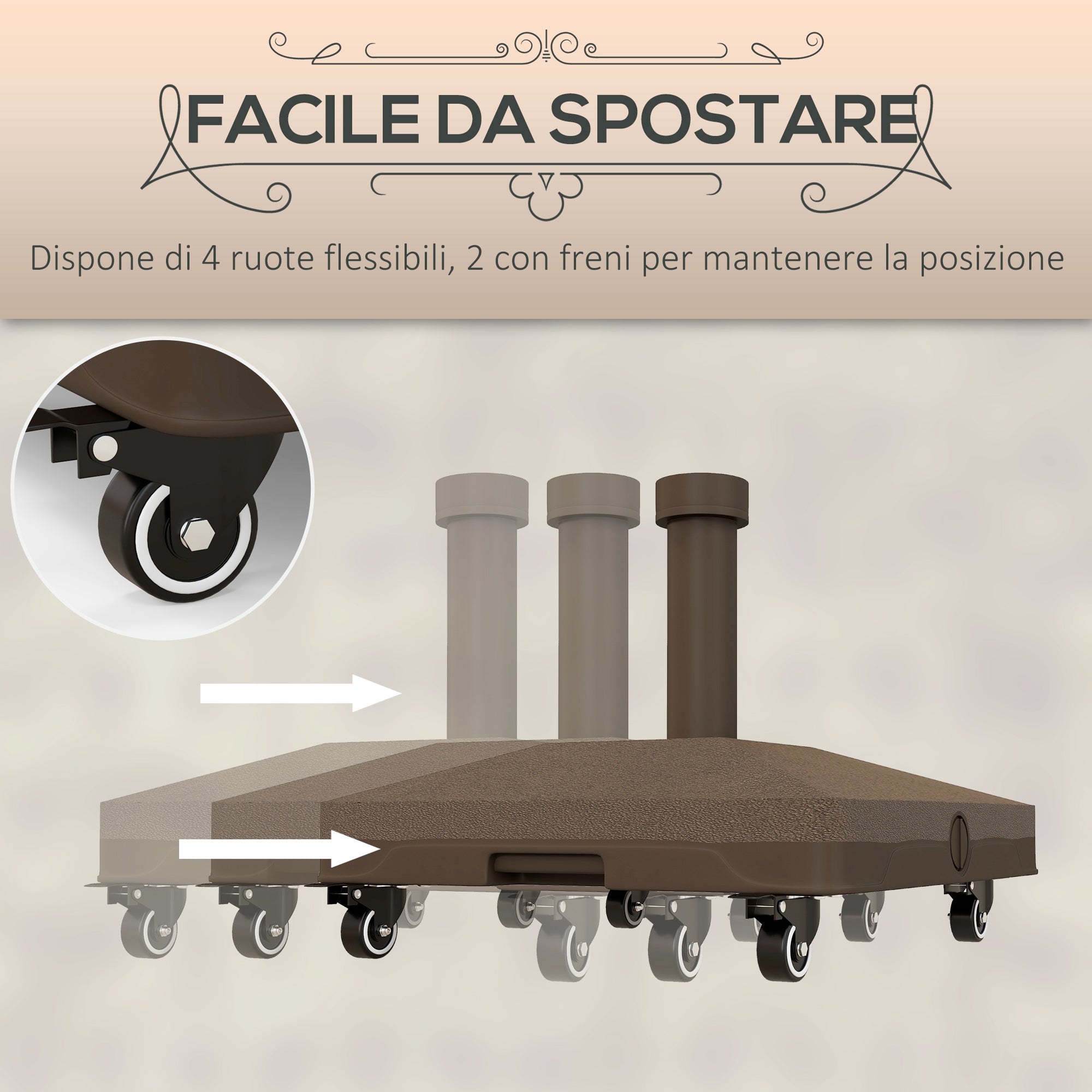 Umbrella Base with Wheels Fillable up to 20 kg for Ø22-38 mm Poles, 45x45x39 cm, Brown