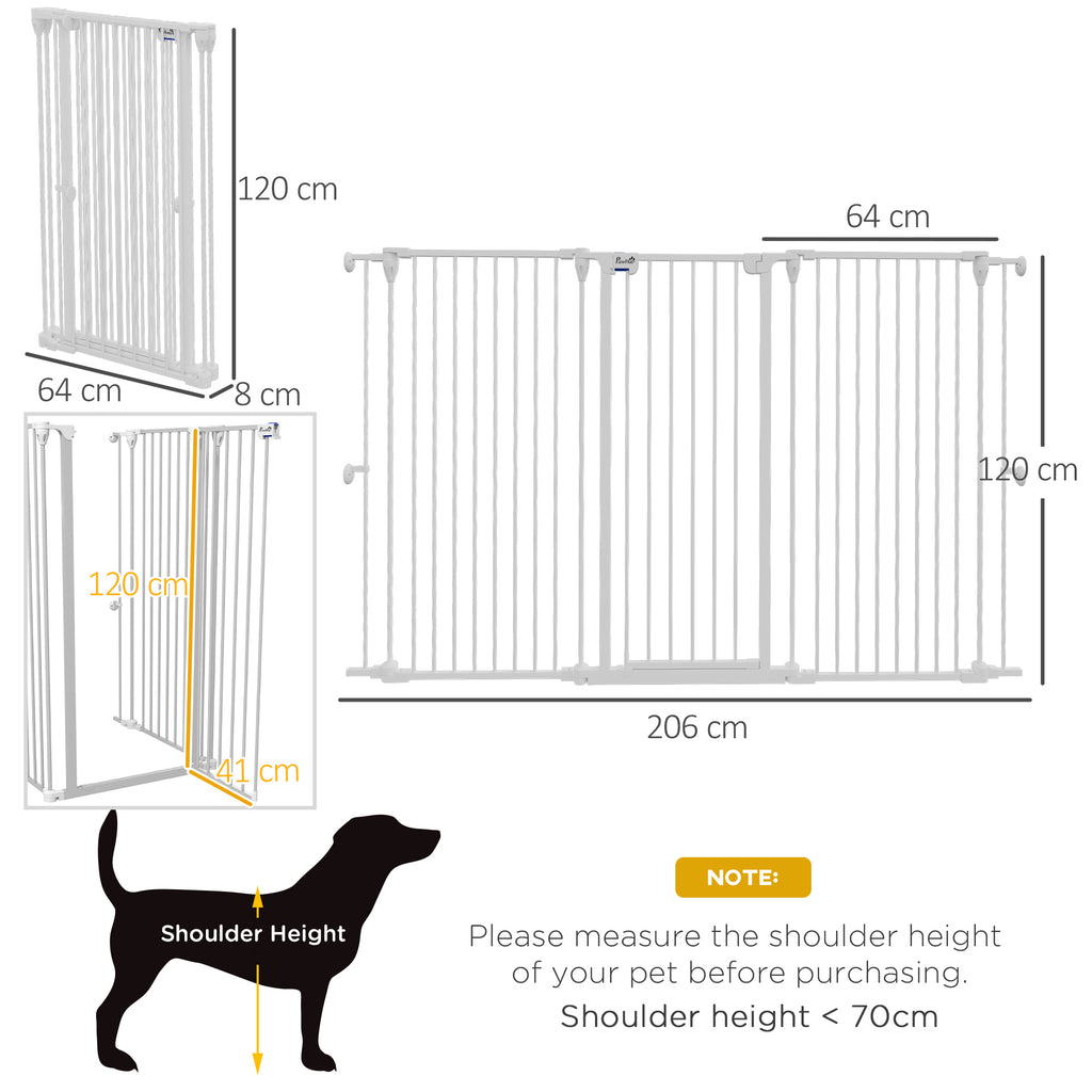 3-Panel Folding Dog Gate with Double Lock, Steel and Plastic, 206 x 120 cm, White