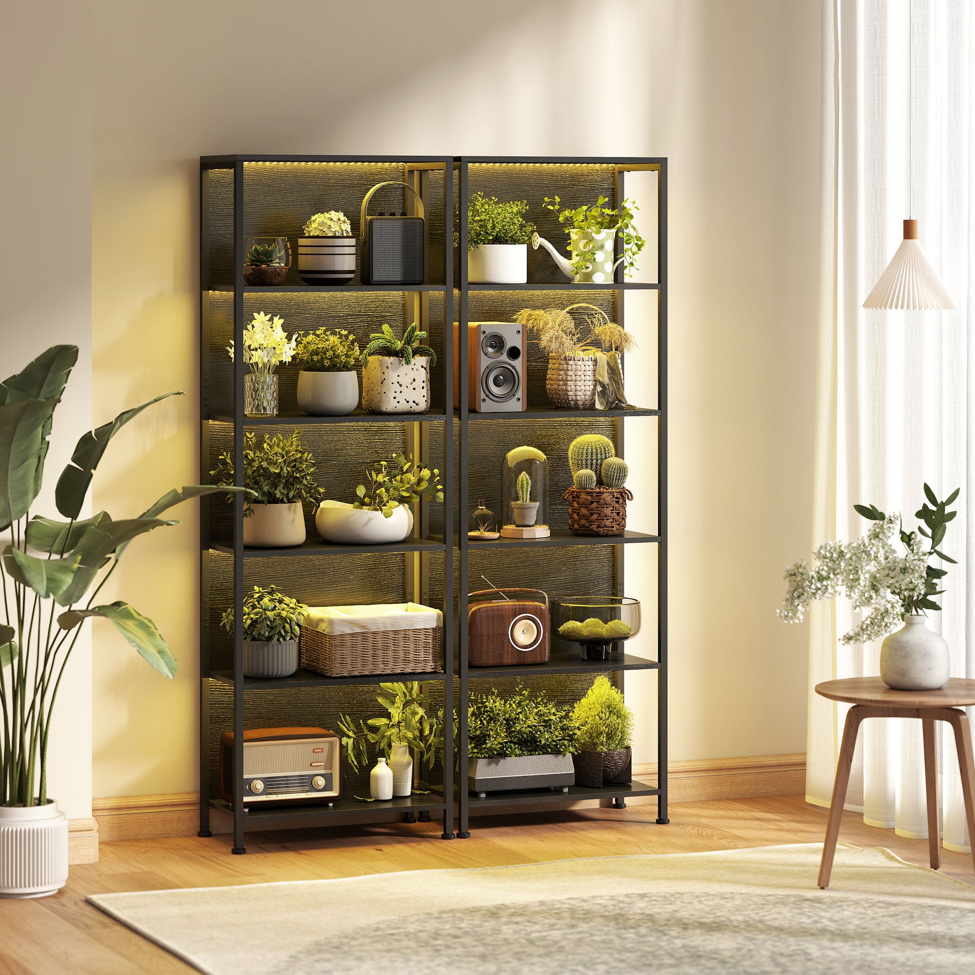 Industrial Style 5-Tier Bookcase with LED Lighting, Metal and Wood, 60x30x179 cm, Black