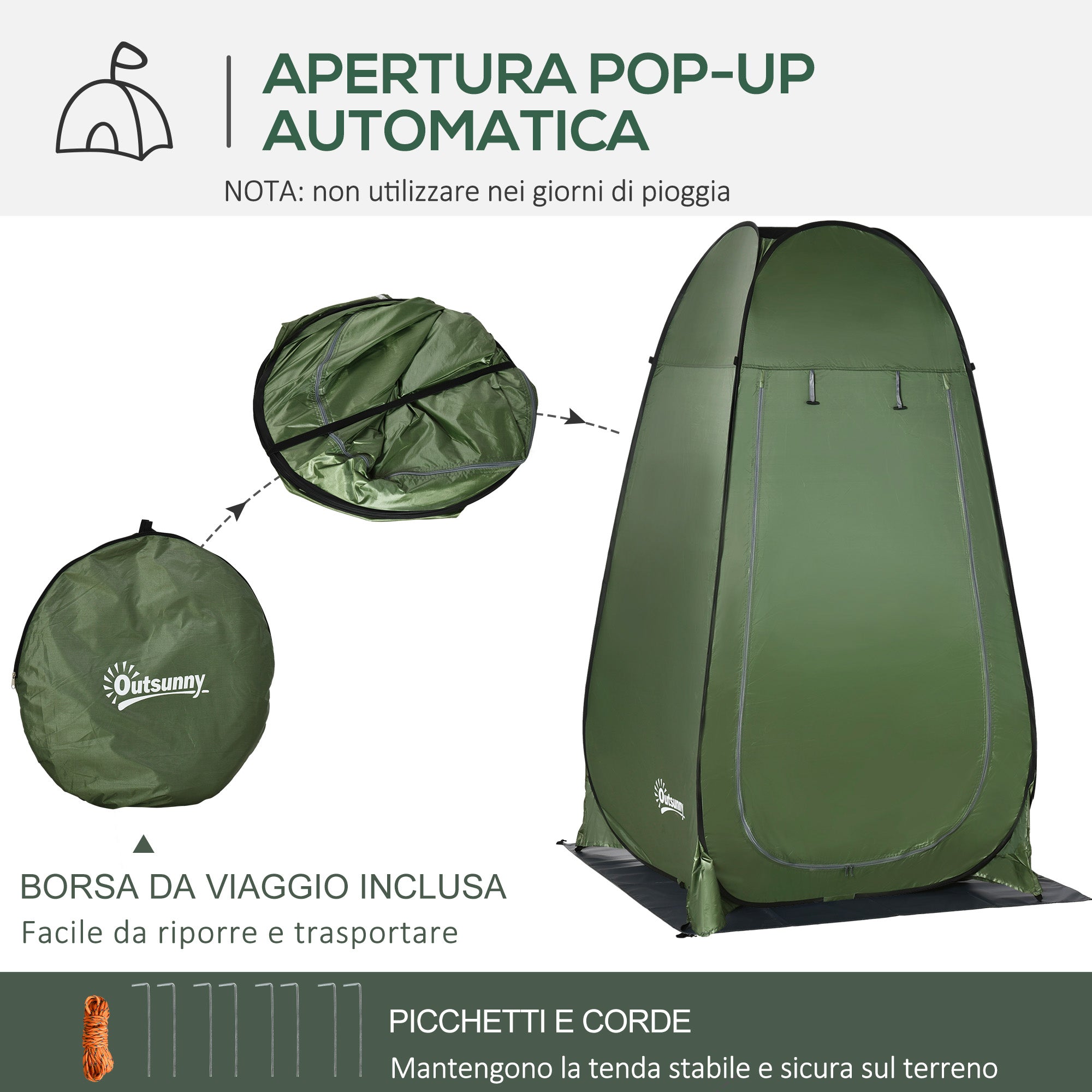 Camping and Beach Shower Tent with Zipper Door and Transport Bag, 126x124x189 cm, Dark Green