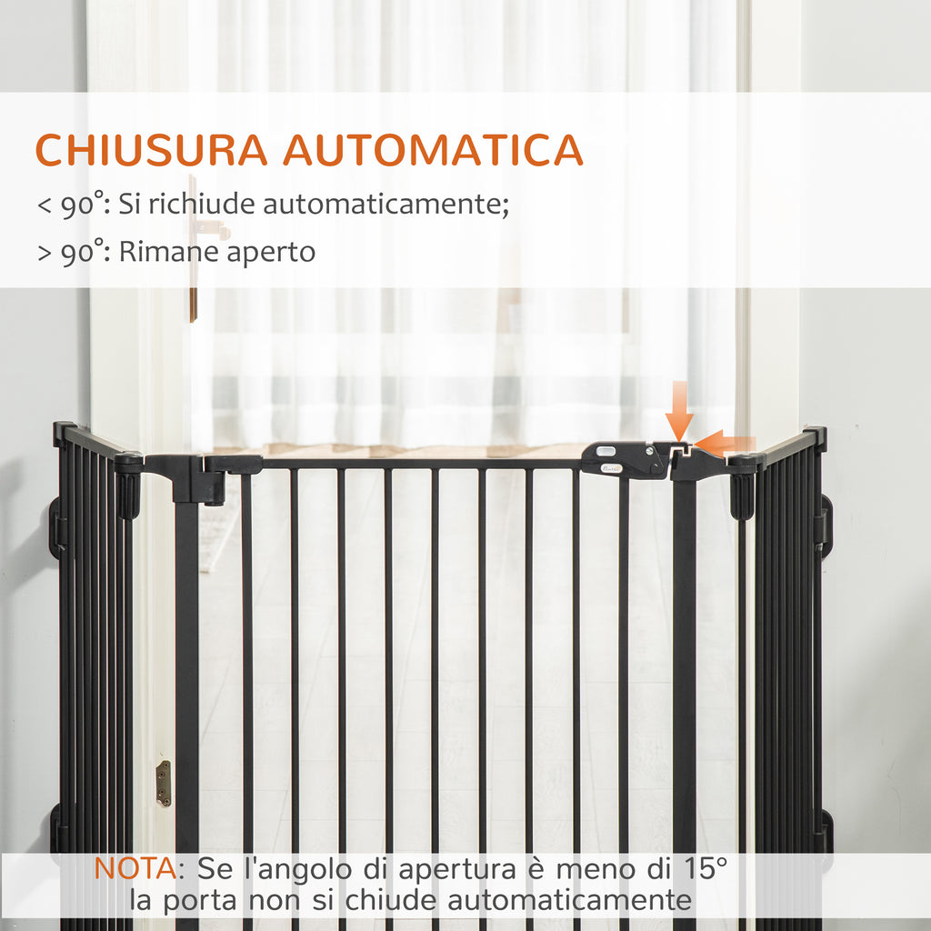 Folding Steel Dog Gate with Automatic Closure, 202.5 x 2 x 76 cm, Black