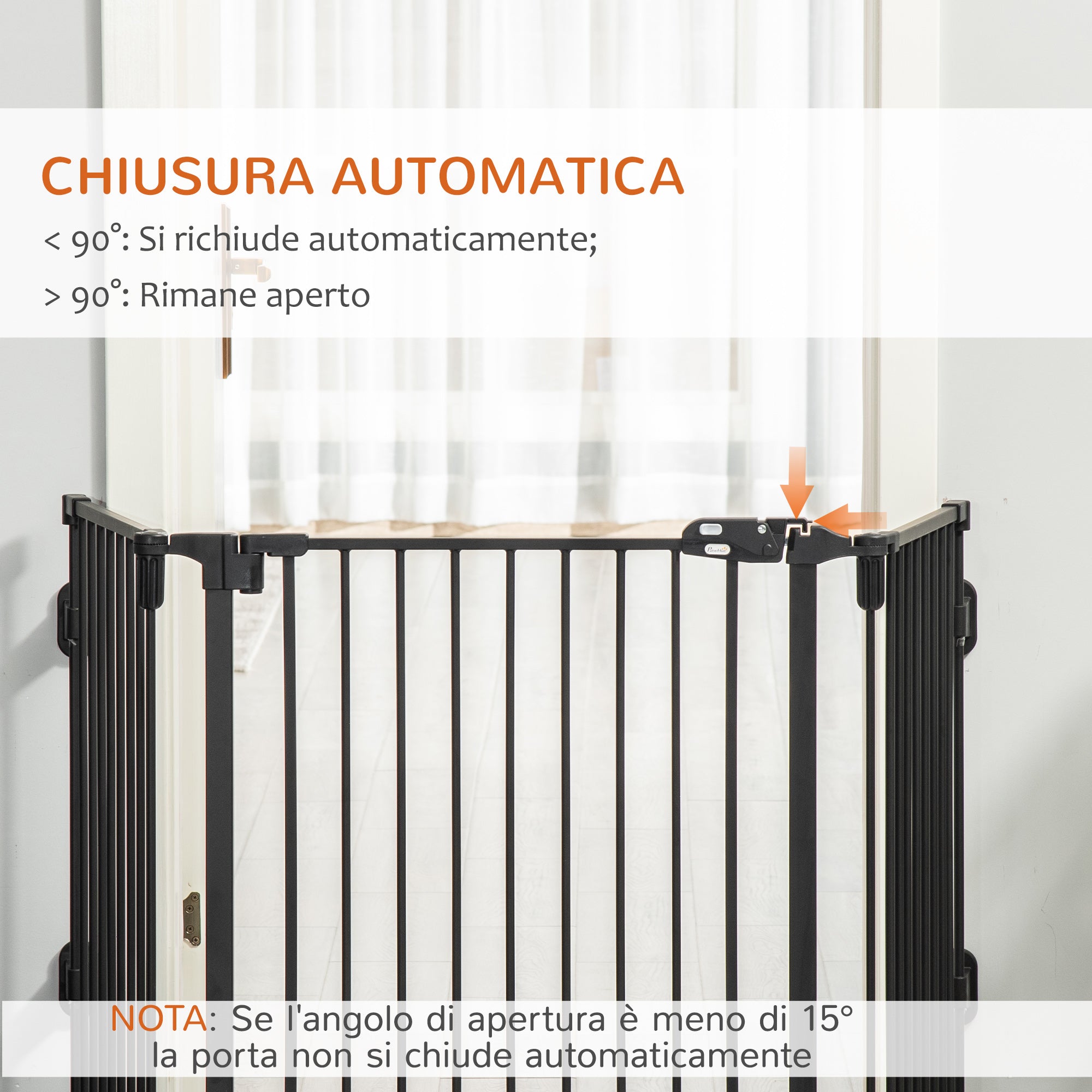 Folding Steel Dog Gate with Automatic Closure, 202.5 x 2 x 76 cm, Black