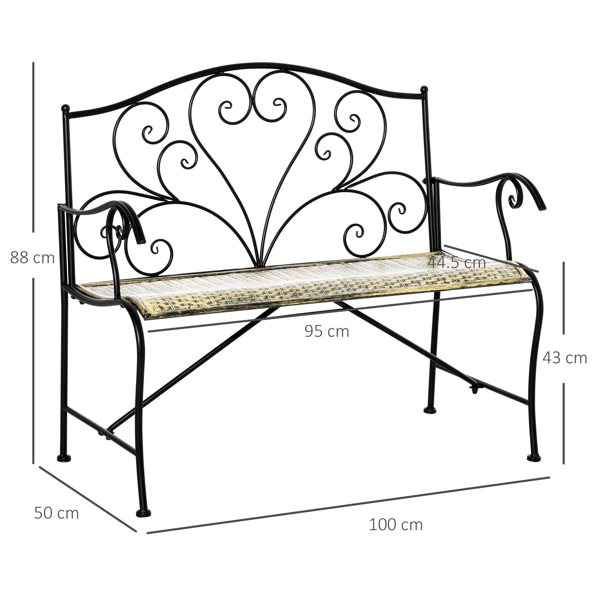 Outsunny Iron Garden Bench, Vintage Style 2-Seater Outdoor Bench, 100x 50x88cm, Black