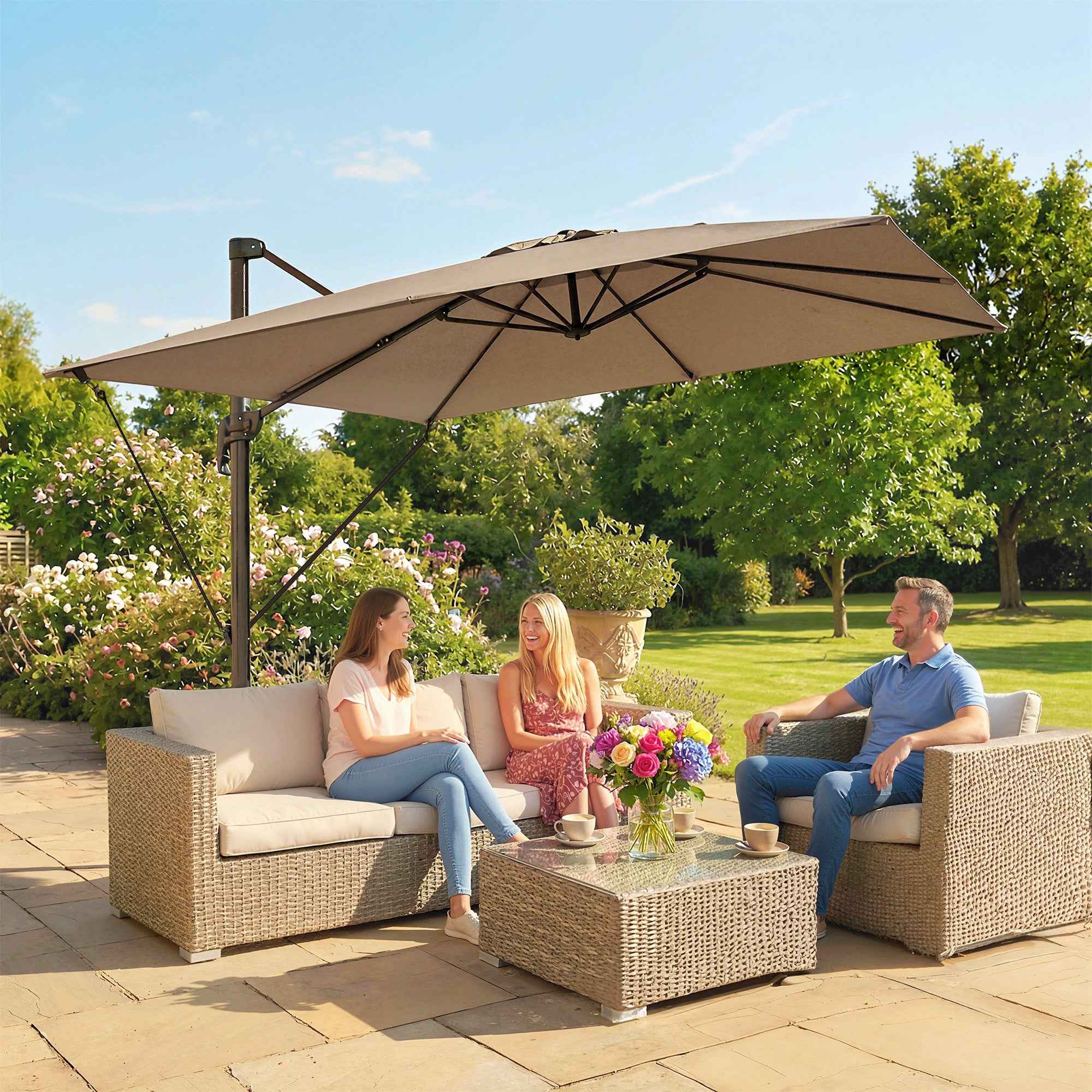 Outsunny 3x3m Off-Center Garden Umbrella with Cross Base and Cover, Aluminum, Khaki