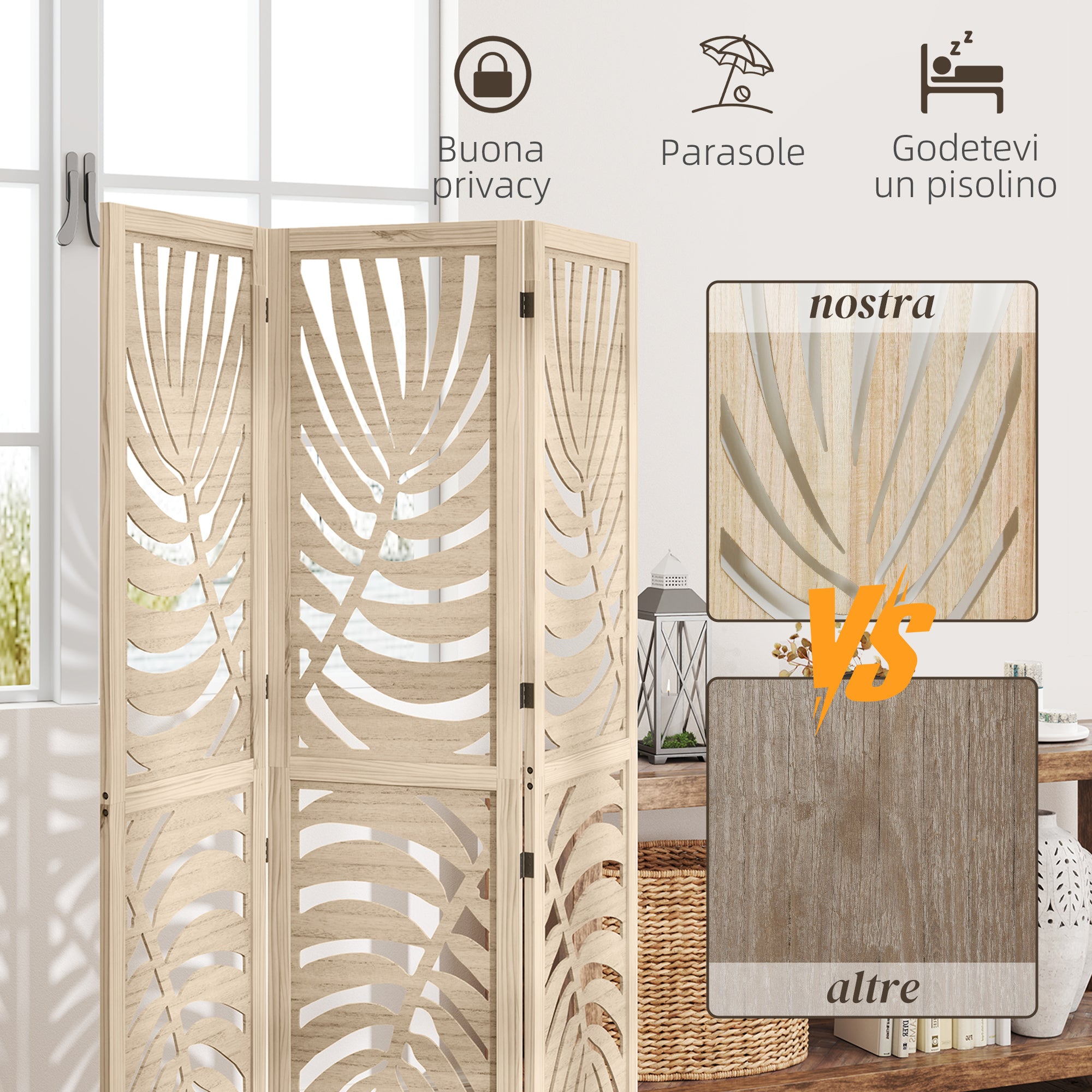 3-Panel Folding and Separable Wooden Room Divider, Leaf Design, 120x170 cm, Wood Color