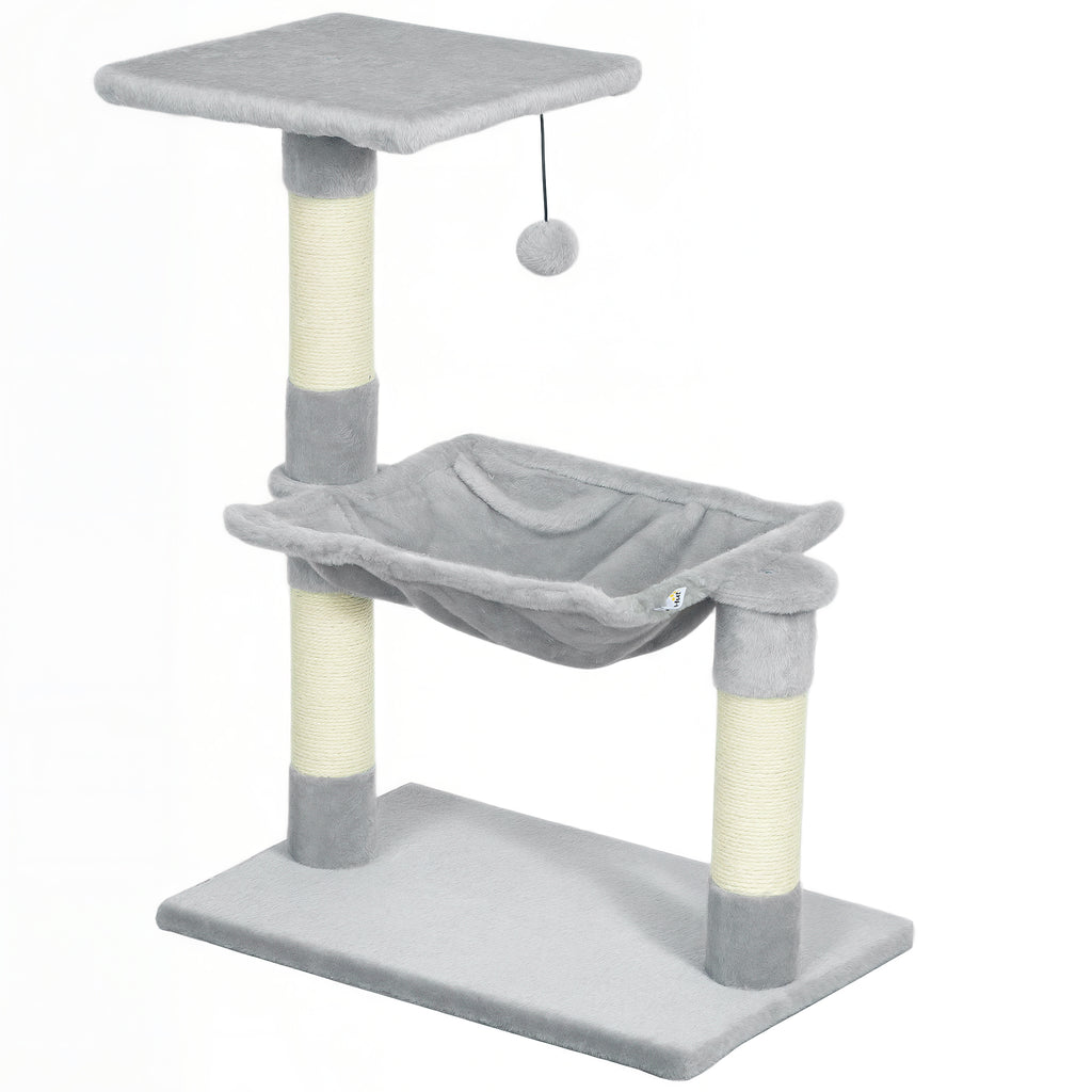 PawHut Multi-Level Cat Scratching Tree with Hammock and Hanging Ball, Wood and Plush, 50x36x70cm, Light Grey