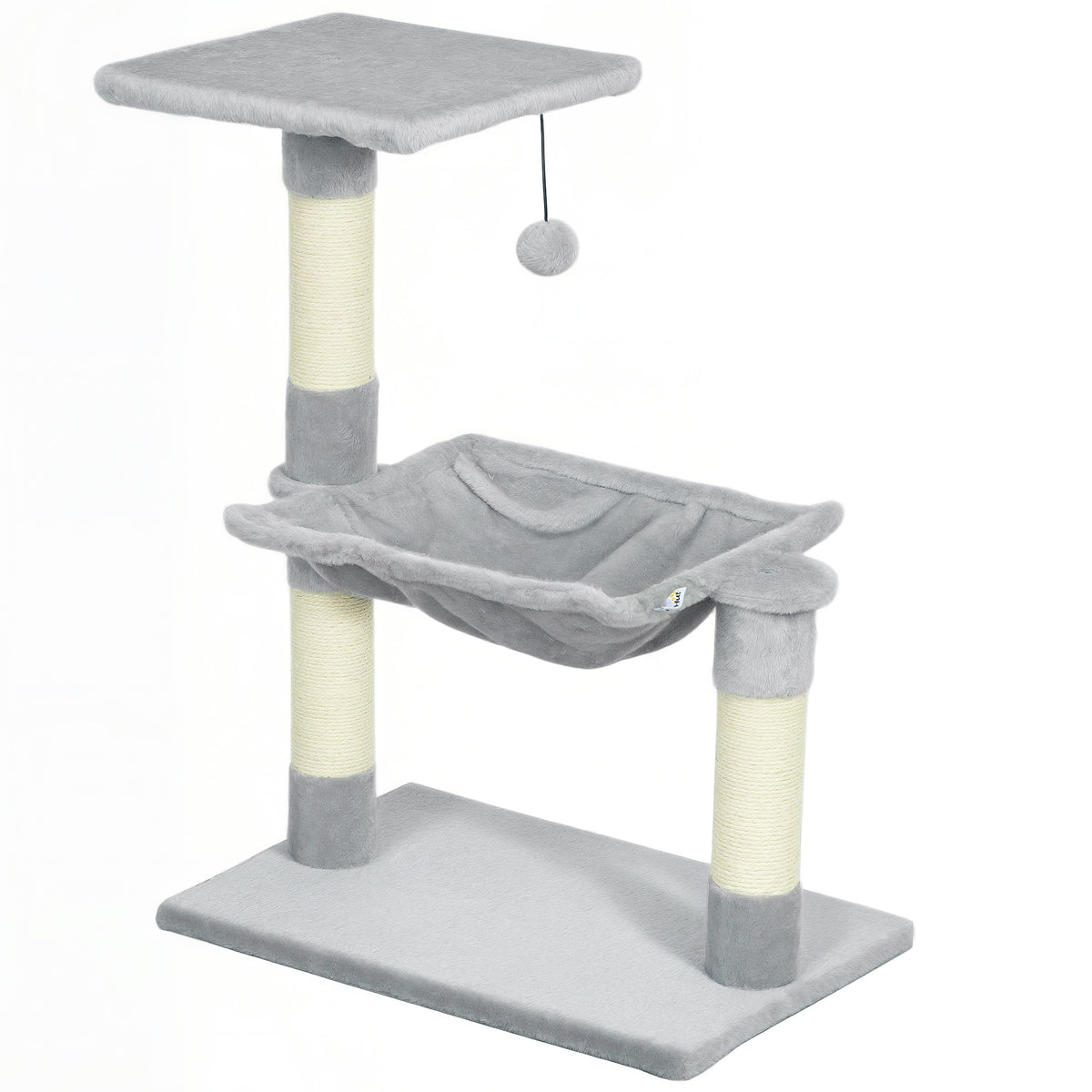 PawHut Multi-Level Cat Scratching Tree with Hammock and Hanging Ball, Wood and Plush, 50x36x70cm, Light Grey