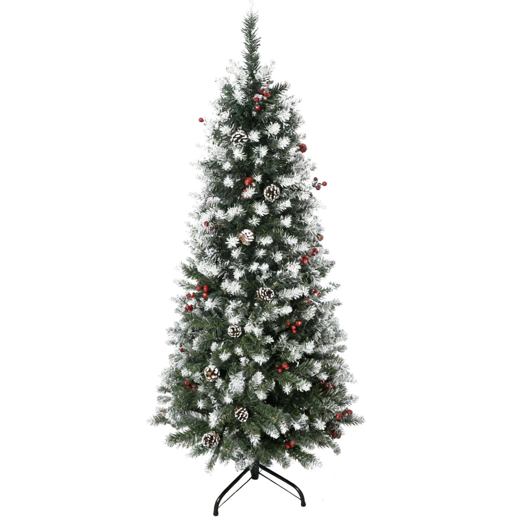 HOMCOM 150cm Artificial Snow-Covered Christmas Tree with Red Berries and White Pine Cones, Removable Folding Base, 408 Branches