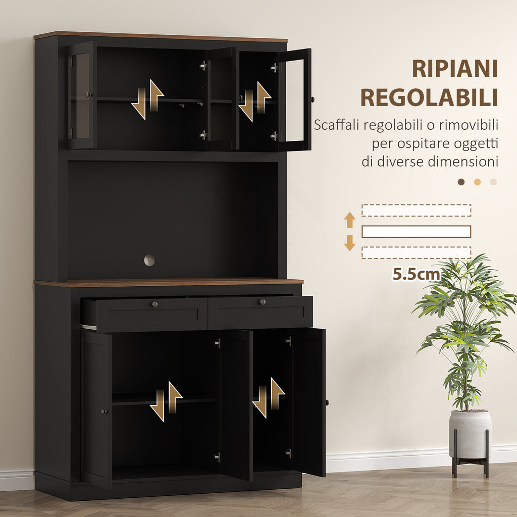 Tall Kitchen Sideboard with 4 Cabinets, 2 Drawers and Central Top, 100x40x180 cm, Black