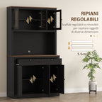 Tall Kitchen Sideboard with 4 Cabinets, 2 Drawers and Central Top, 100x40x180 cm, Black