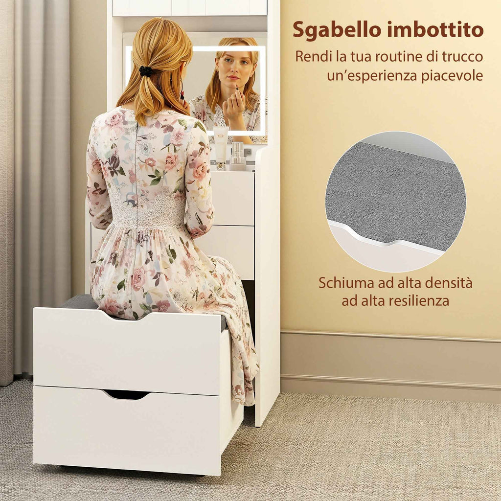 HOMCOM Makeup Vanity Table with Illuminated Mirror and Stool, Adjustable Light, Drawers and Cabinet, White