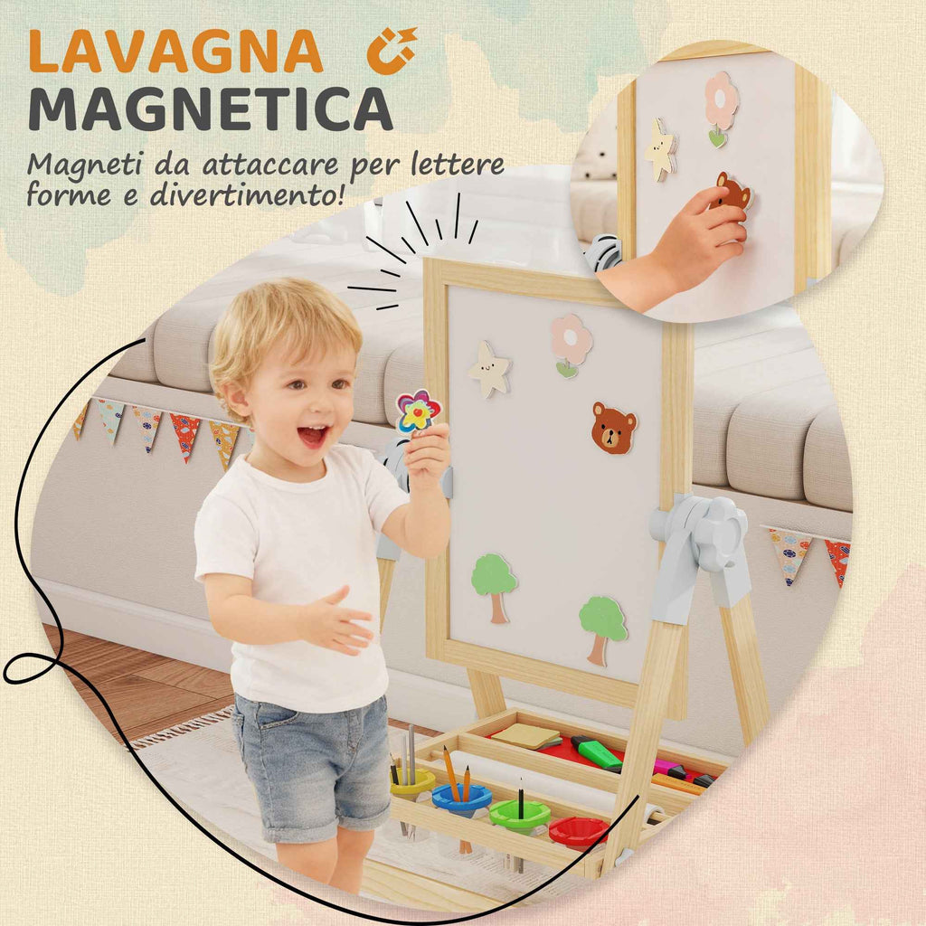 AIYAPLAY Children's Easel with Double Board for Chalk and Markers, Magnetic Whiteboard and Paper Roll, Wood