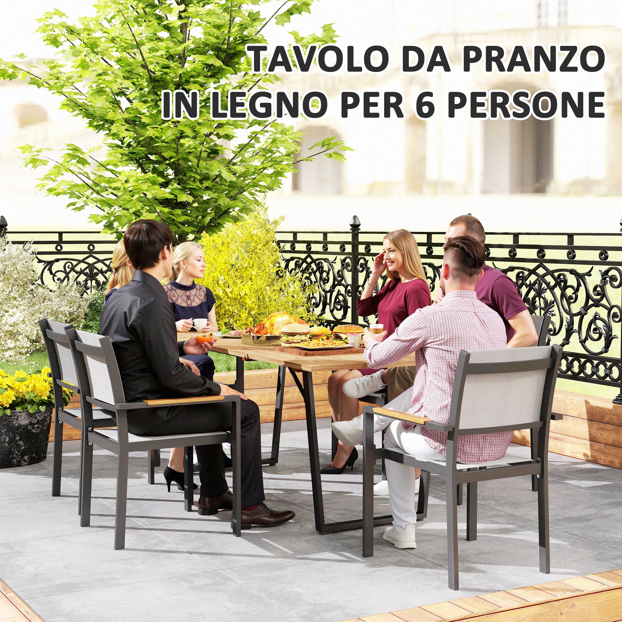 6 Seater Rectangular Garden Table with Umbrella Hole, Wood and Steel, 175x80x75 cm, Brown
