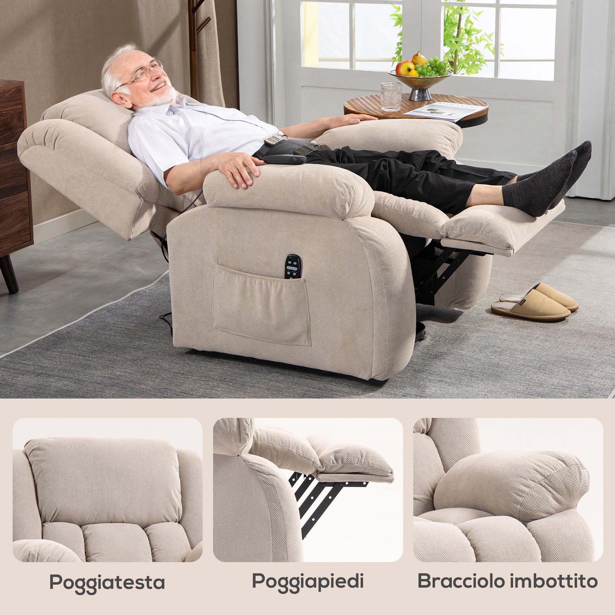 Lift Massage Reclining Chair with 2 Pockets and Remote Control, 93x104x105 cm, Beige