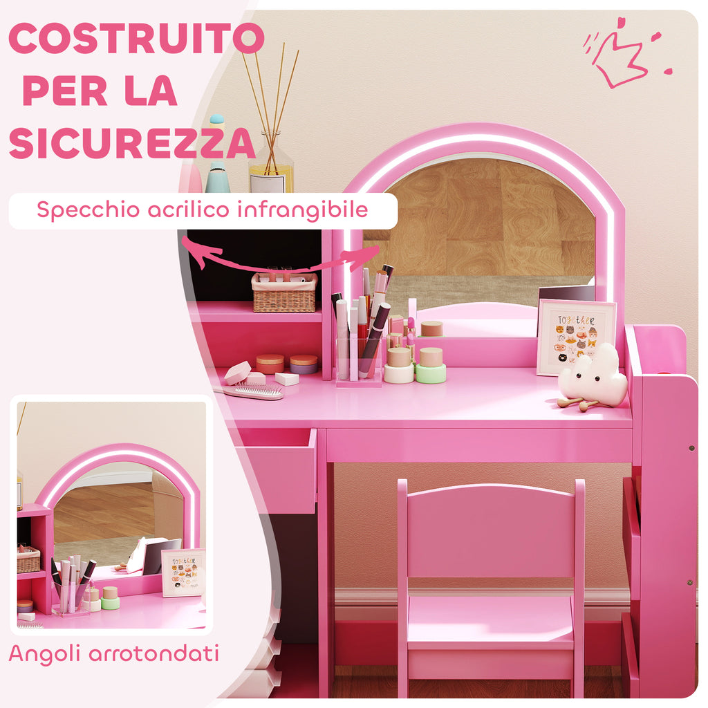 2-in-1 Kids Dressing Table Set with Mirror, Chair, LED Light, Cabinet, Shelves and Bookcase, Pink