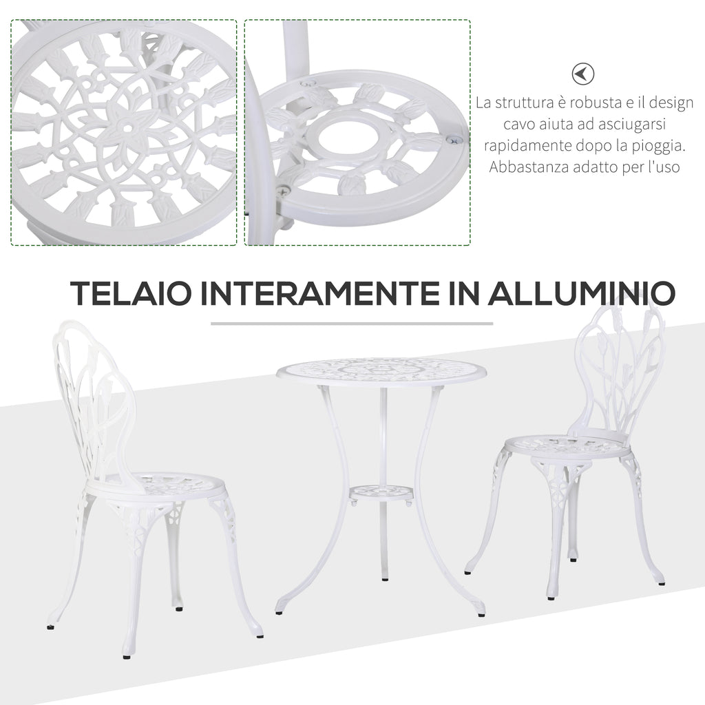 3-Piece Garden Set in Aluminum with 2 Chairs 42.5x47.5x89 cm and Round Table Ø60x67 cm, White - Borgè