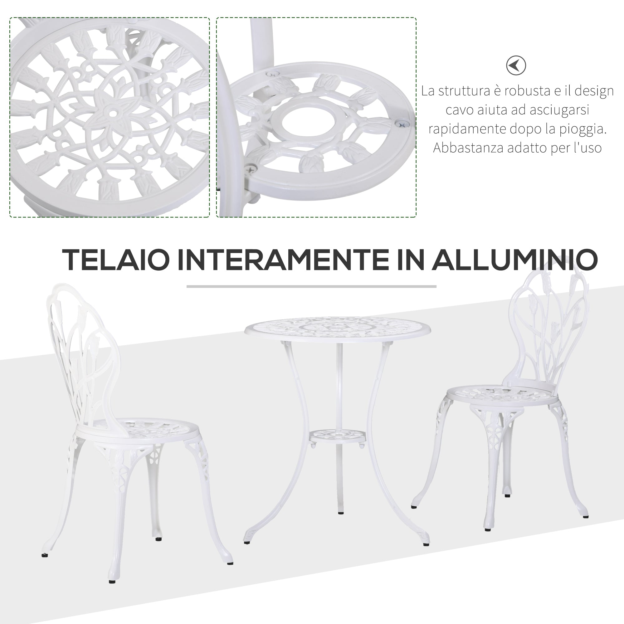 3-Piece Garden Set in Aluminum with 2 Chairs 42.5x47.5x89 cm and Round Table Ø60x67 cm, White - Borgè