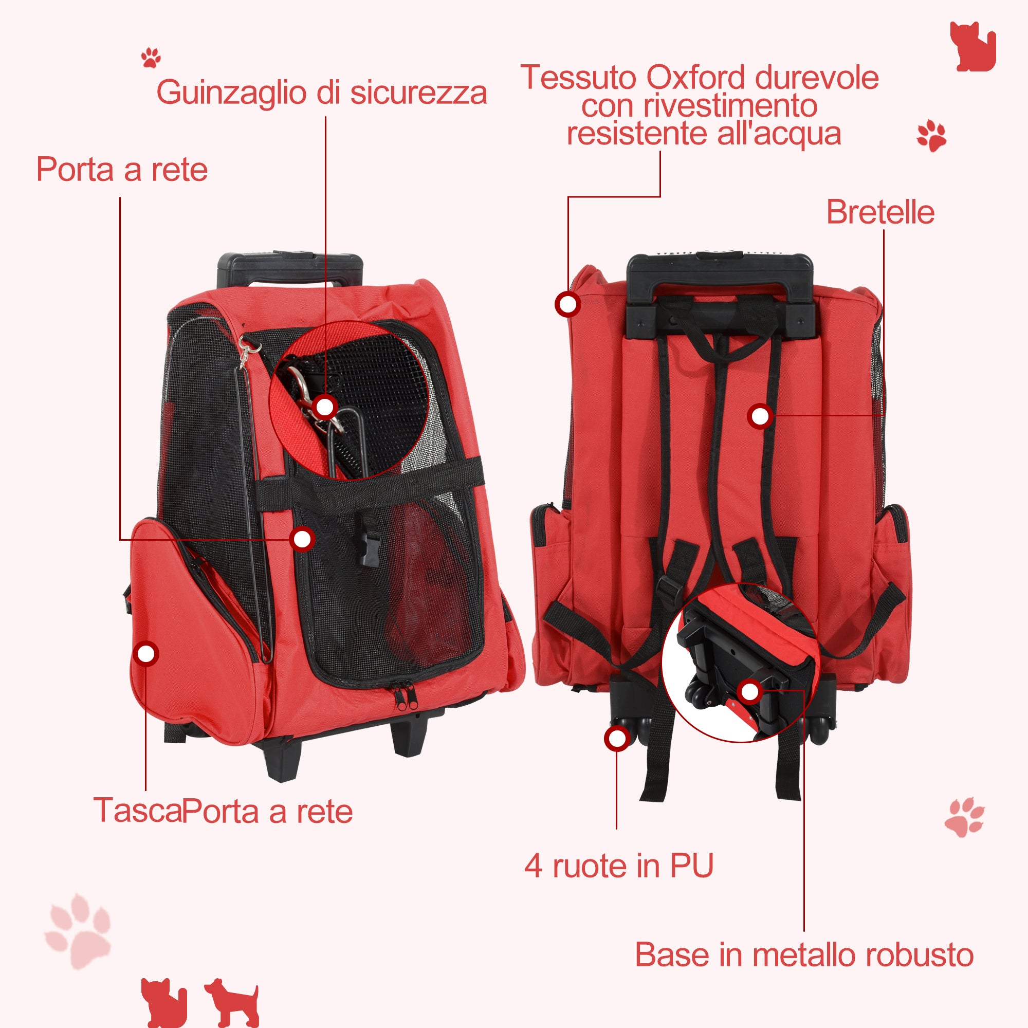 2-in-1 Pet Carrier Backpack for Dogs and Cats with Side Pockets, Telescopic Handle and Wheels, 42x25x55cm, Red