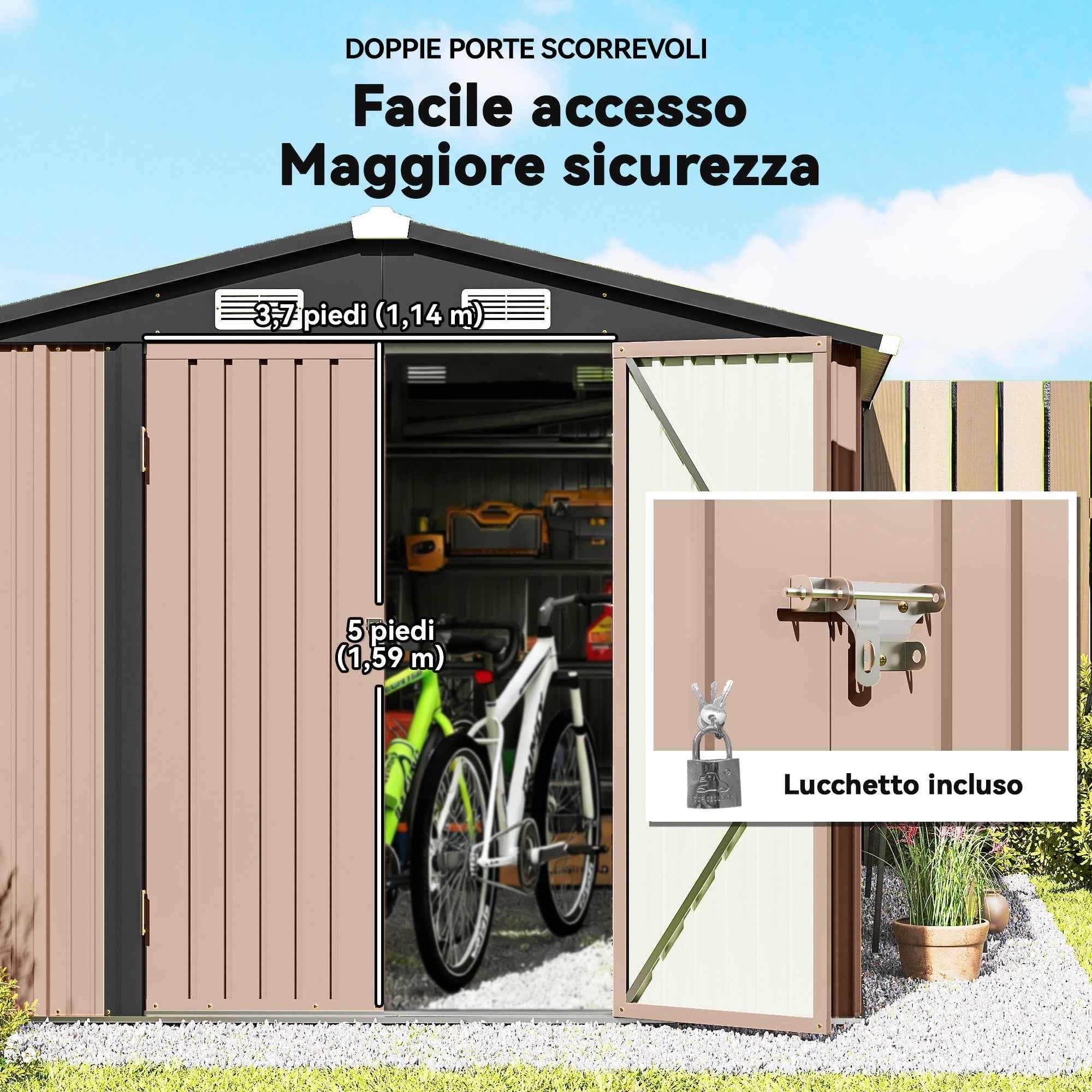 Outsunny 364 x 238 cm Metal Garden Shed with 4 Vents and Lockable Double Doors, Brown
