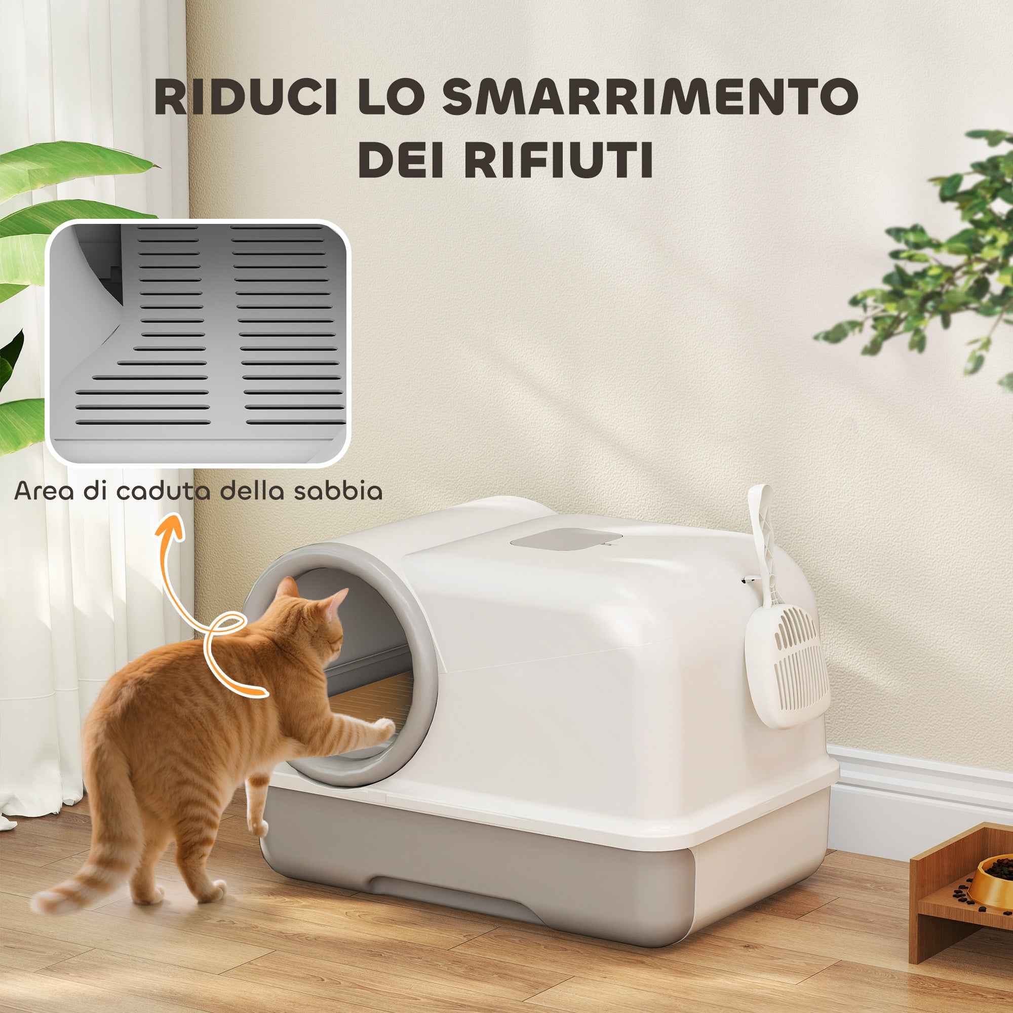 PawHut Enclosed Cat Litter Box with Tray, Scoop and Deodorant Bags, in PP, 59x39.5x39.5 cm, White and Grey