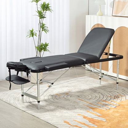 Black Foldable Massage Table with Adjustable Height, in Aluminum and Plastic, 215x60x61-84 cm, Black