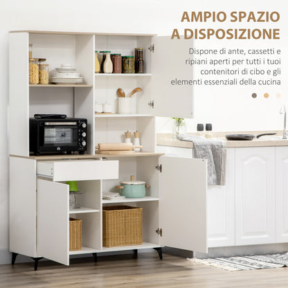 Kitchen Pantry in Chipboard and MDF with Open Shelves, Cabinets and Drawer, 119x41x180 cm, White