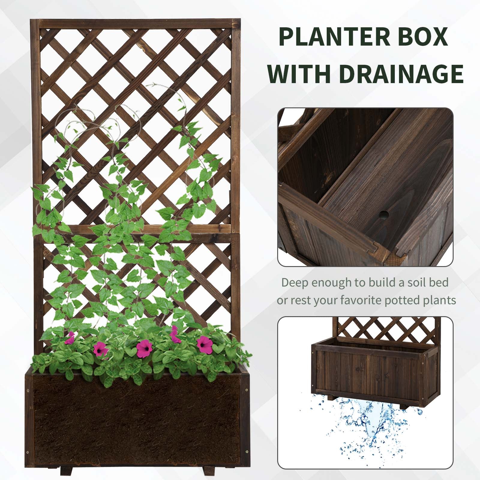 Outsunny Outdoor Fioriera with grilled for climbing and vase, in fir wood, 72.5x31.5x149.5 cm - Borgè