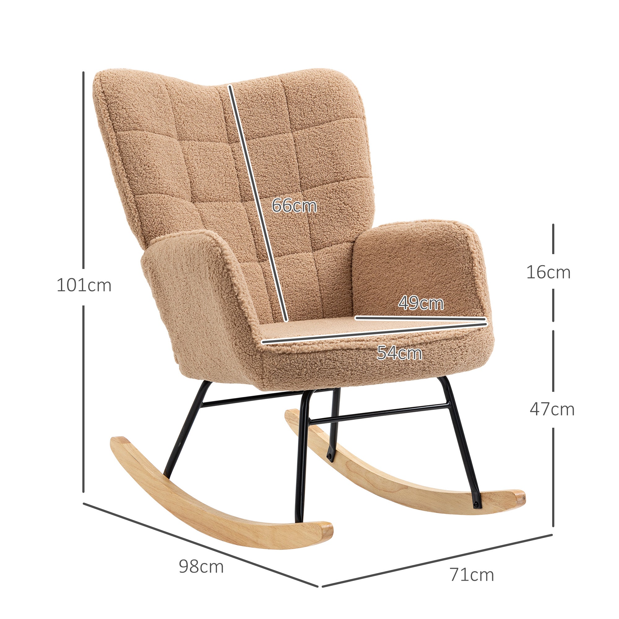 Upholstered Rocking Chair in Wood and Steel for Living Room and Bedroom, 71x98x101 cm, Brown