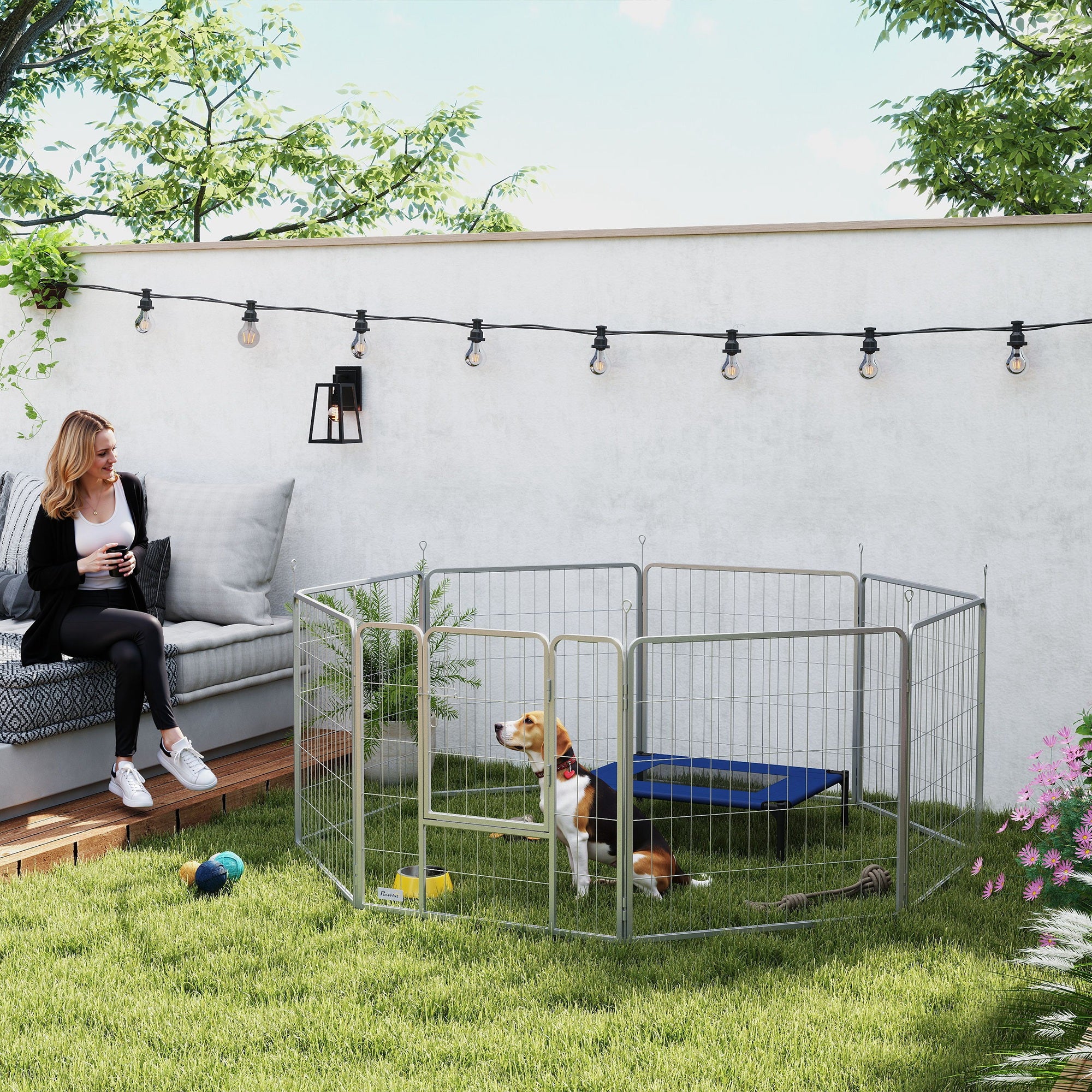 8 Panel Modular Folding Dog Playpen with Steel Door, Height 80 cm, Silver