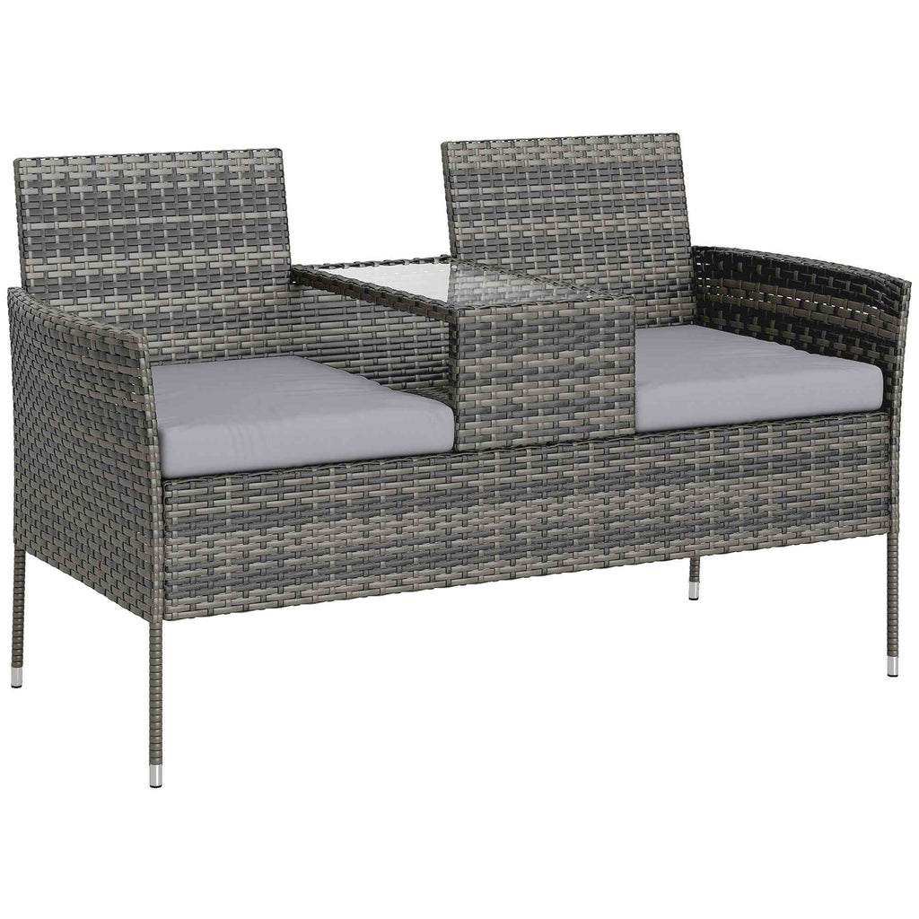 Outsunny 2-Seater Outdoor Bench with Coffee Table, Steel and PE Rattan, 137x59x82 cm, Grey