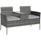Outsunny 2-Seater Outdoor Bench with Coffee Table, Steel and PE Rattan, 137x59x82 cm, Grey
