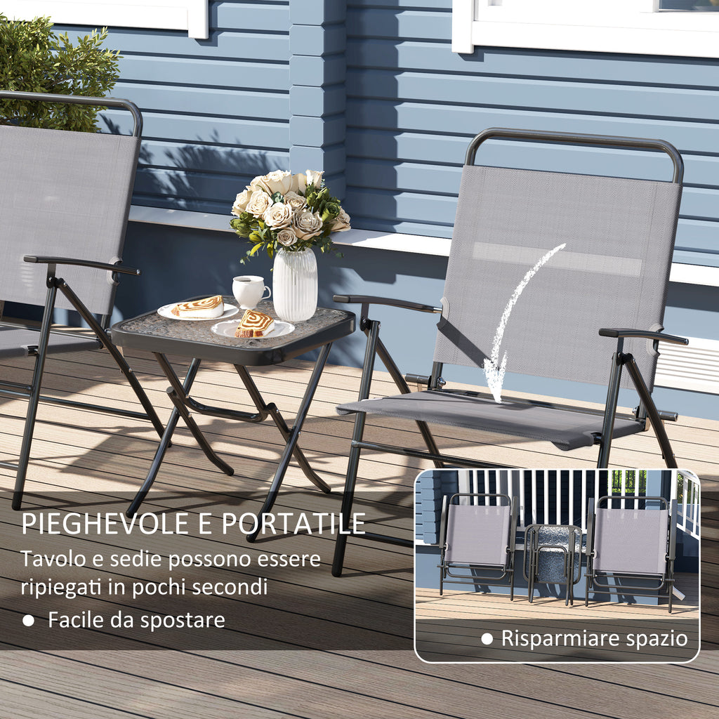 Garden Set with Glass Top Table and 2 Folding Chairs with Adjustable Backrest, Grey