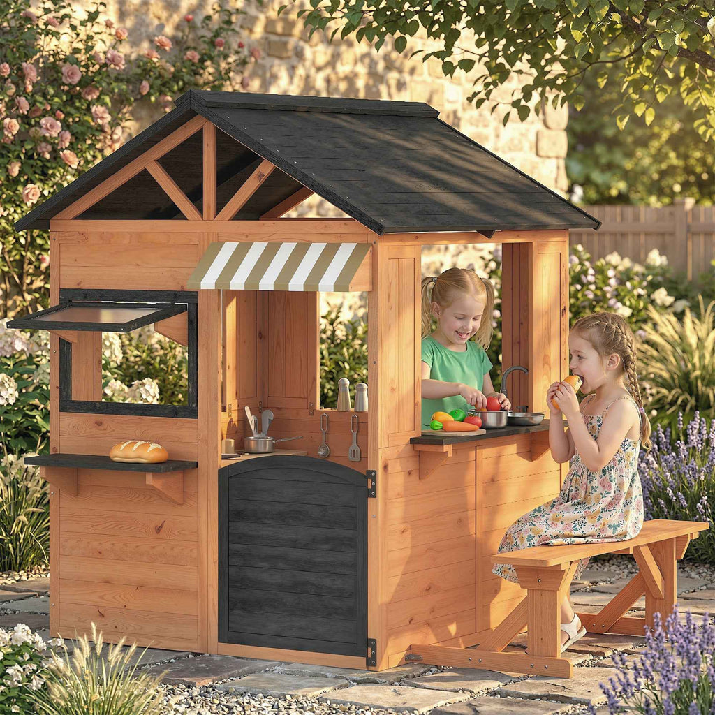 AIYAPLAY Children's Garden Playhouse Made of Fir Wood with Snack Bar, Windows, Half Door, Bench and Brown Roof