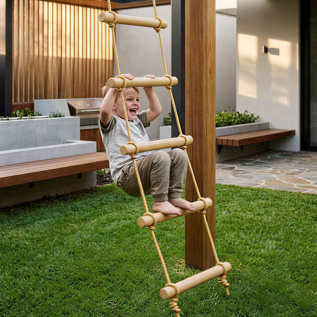 5-Rung Ladder for Children Ages 3-8 Years, with Buckles and Straps, Made of Wood and PE, Wood Color
