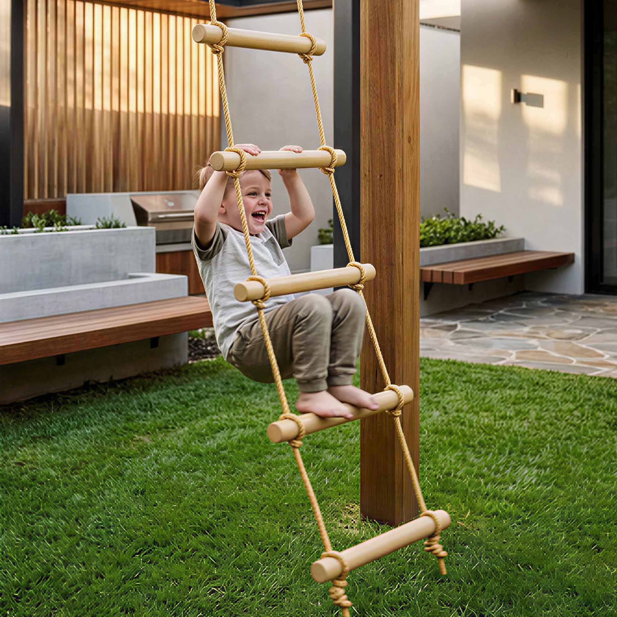 5-Rung Ladder for Children Ages 3-8 Years, with Buckles and Straps, Made of Wood and PE, Wood Color