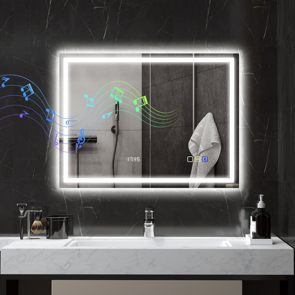 HOMCOM Anti-Fog Bathroom Mirror with Adjustable LED Light, Bluetooth Speaker, Touch Buttons, 80x60 cm