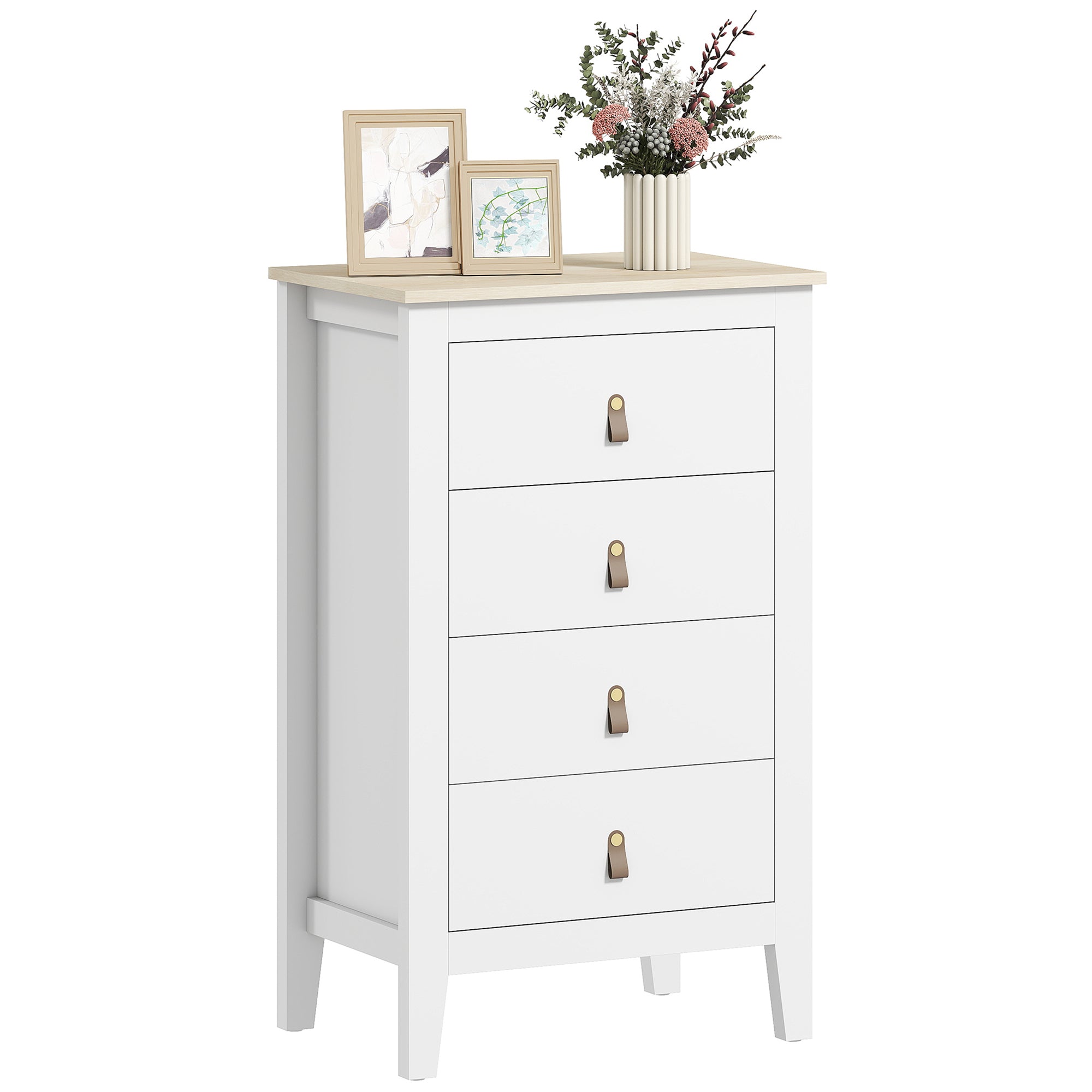 4-Drawer Bedroom Chest with Faux Leather Handles, 60x40x98cm, White