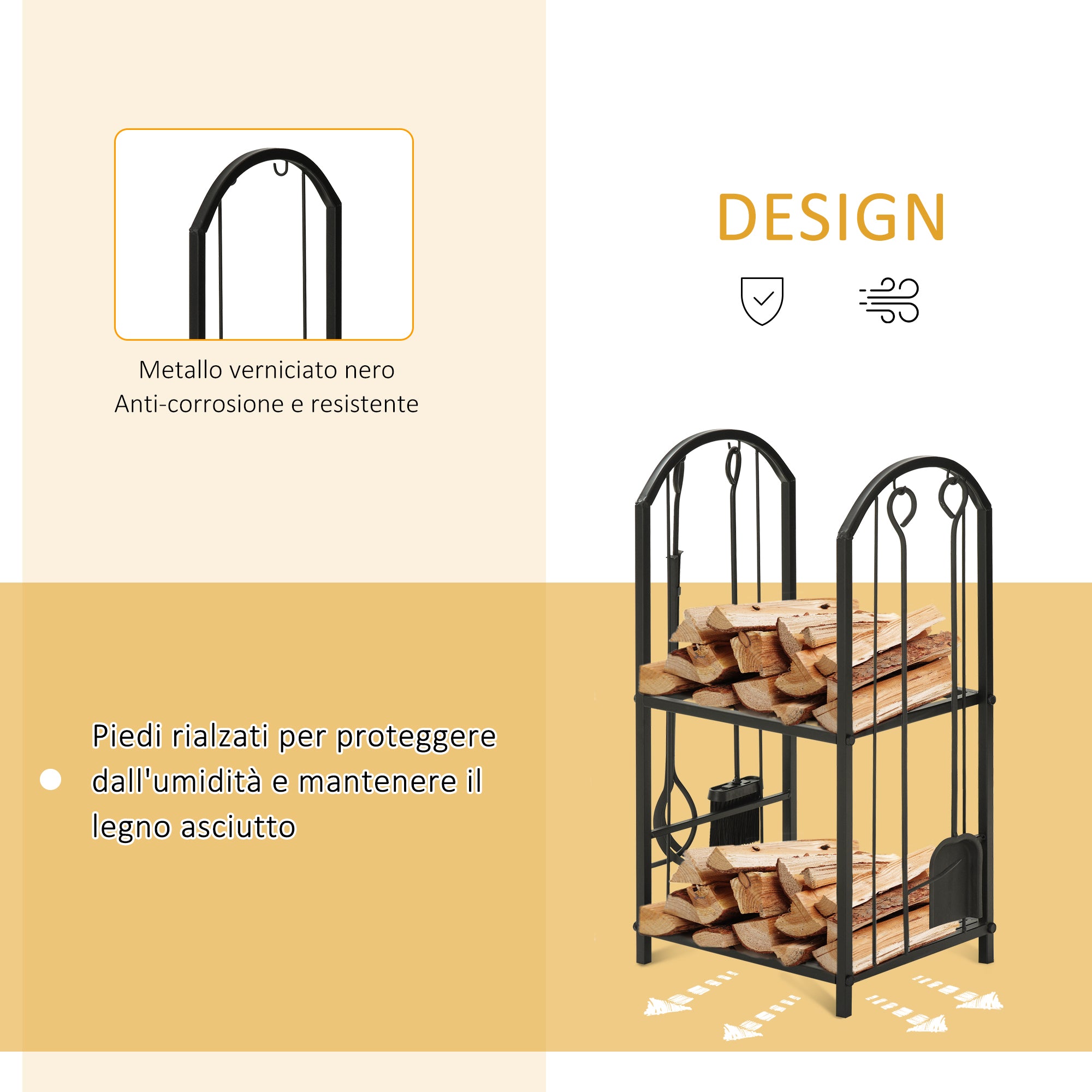 Metal Firewood Rack with Shovel, Broom, Poke Utensil and Tongs, 41.5x32. 5x74. 5 cm, Black