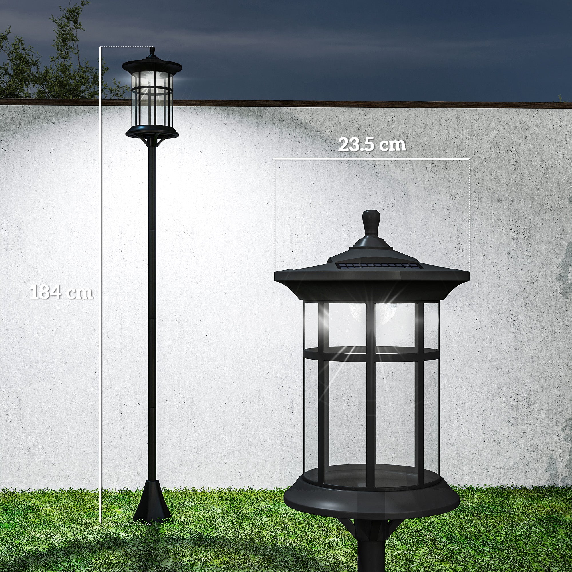 Outsunny Set of 2 Solar Street Lights with 6-Hour Battery Life and Ground Anchoring, in Stainless Steel and ABS, 23.5x23.5x184 cm, Black