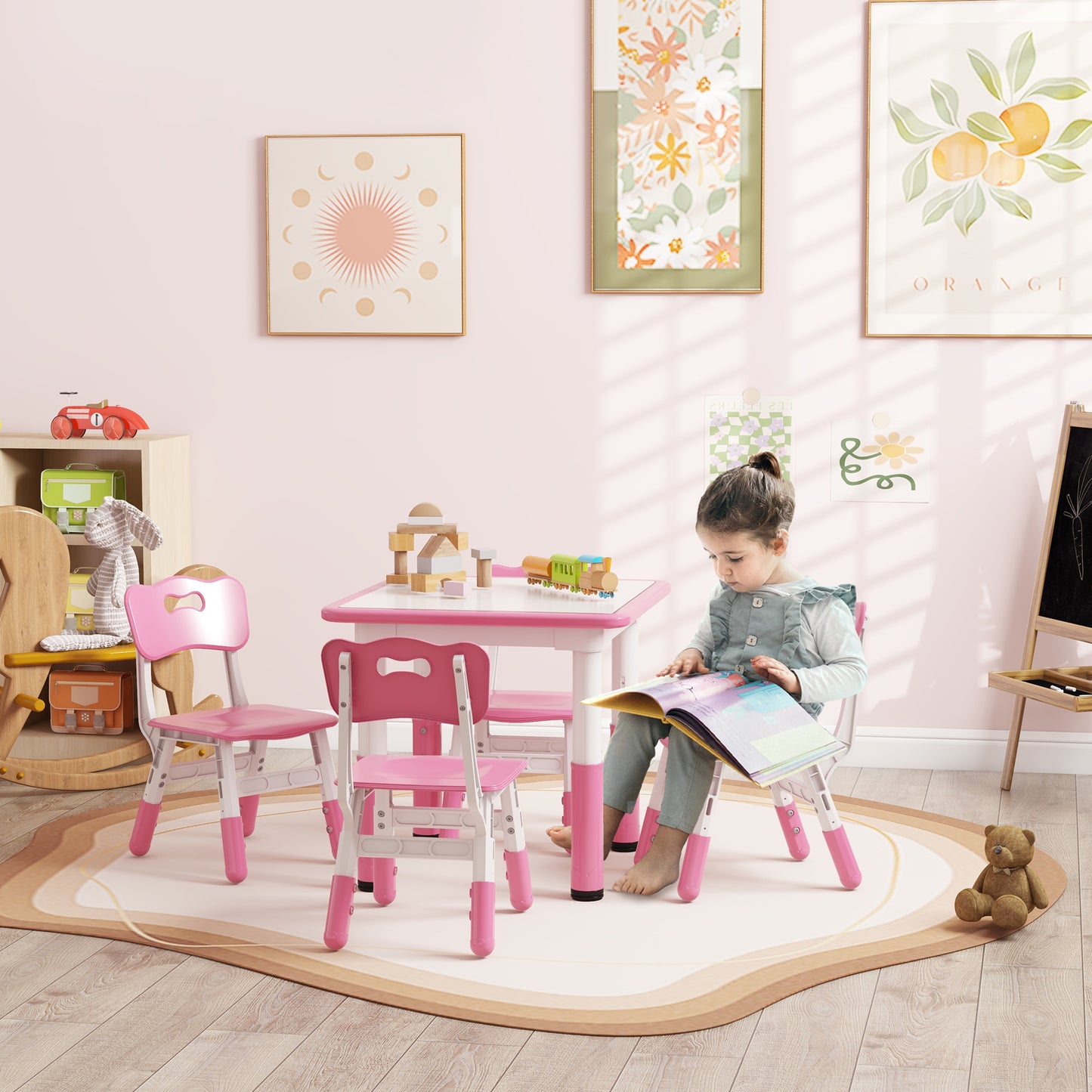 Children's Table and Chair Set 5pcs with 4 Adjustable Chairs 32x36x52. 5-56 cm and Table 60x60x46-58 cm, Pink