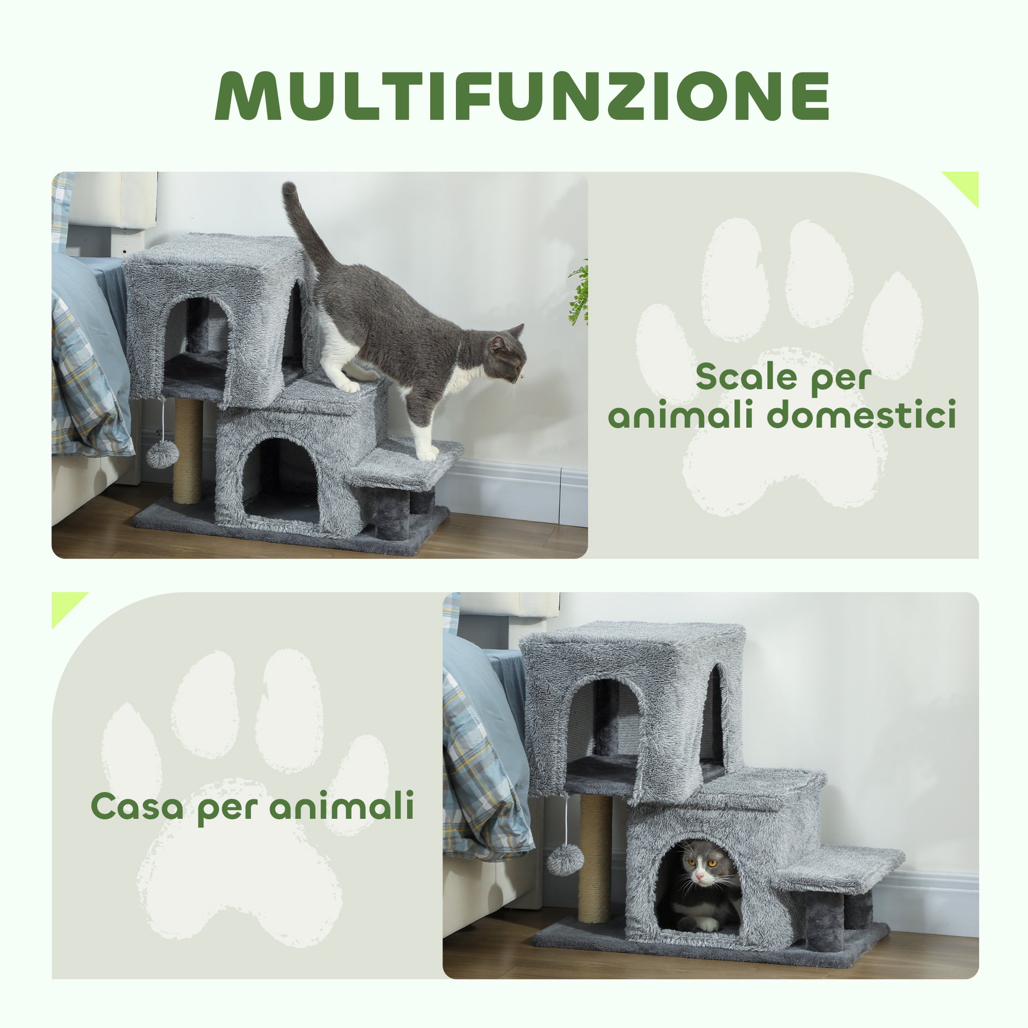 4-Step Height-Adjustable Cat Ladder with 2 Cat Houses, Scratching Post and Ball, Grey