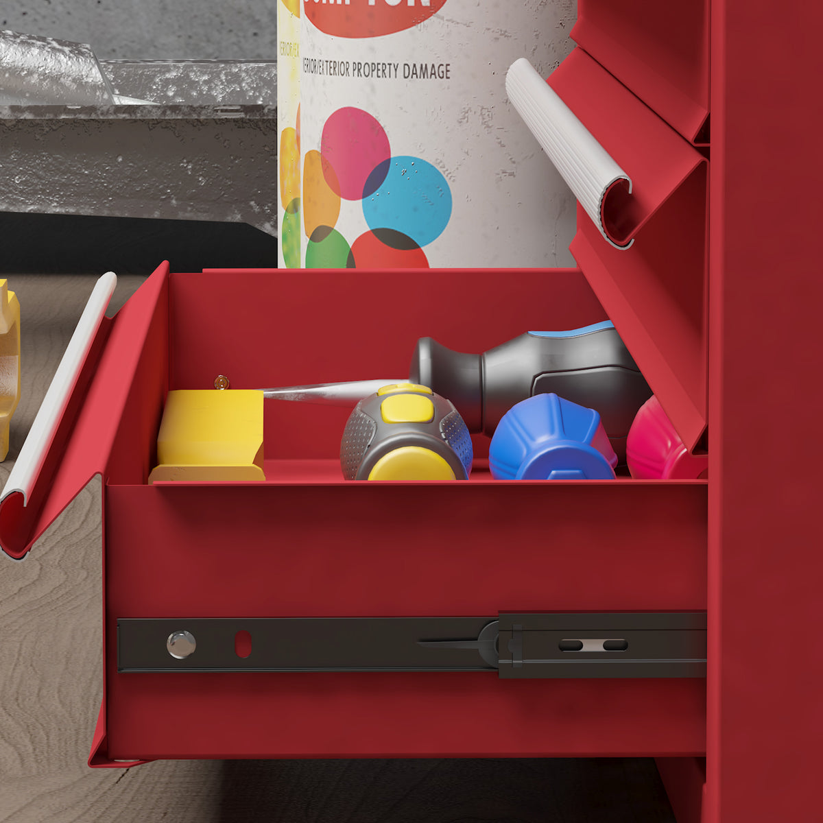 DURHAND Steel Tool Box with 4 Drawers, Double Locking Top Tray, 51x22x39.5 cm, Red