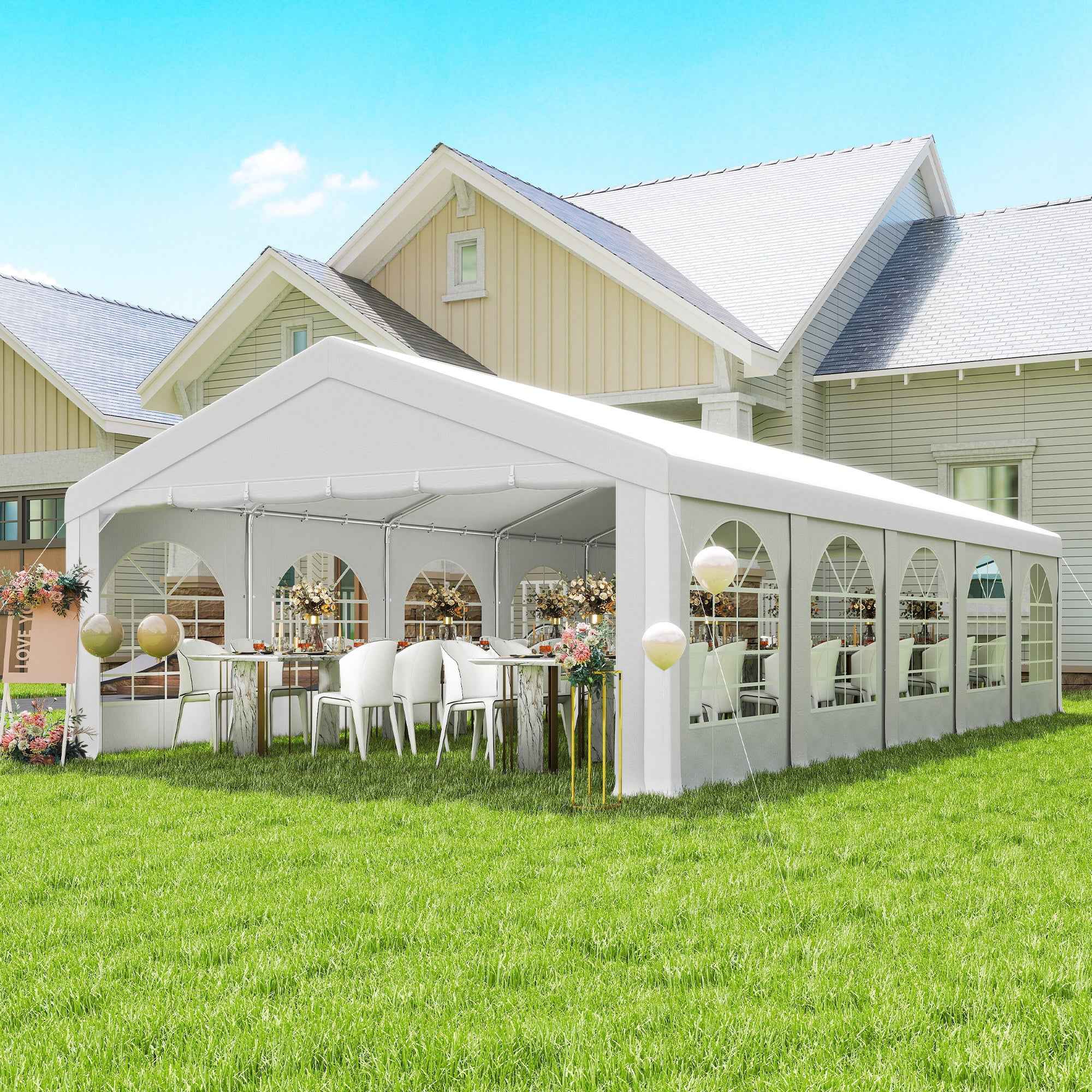 Outsunny 10x5 m Garden Tent with 10 Removable Side Walls, in PE and Galvanized Metal, White