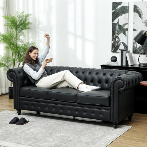 3-Seater Chesterfield Style Sofa Quilted with Pocket Springs, Faux Leather, 213x86x79 cm, Black