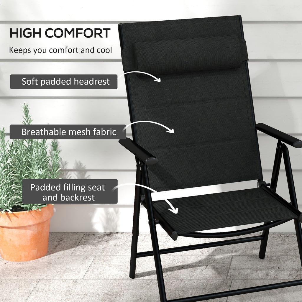 Outsunny set 2 folding chairs with reclining backrest and headrest, aluminum and polyester, 54x67x108 cm, black - Borgè