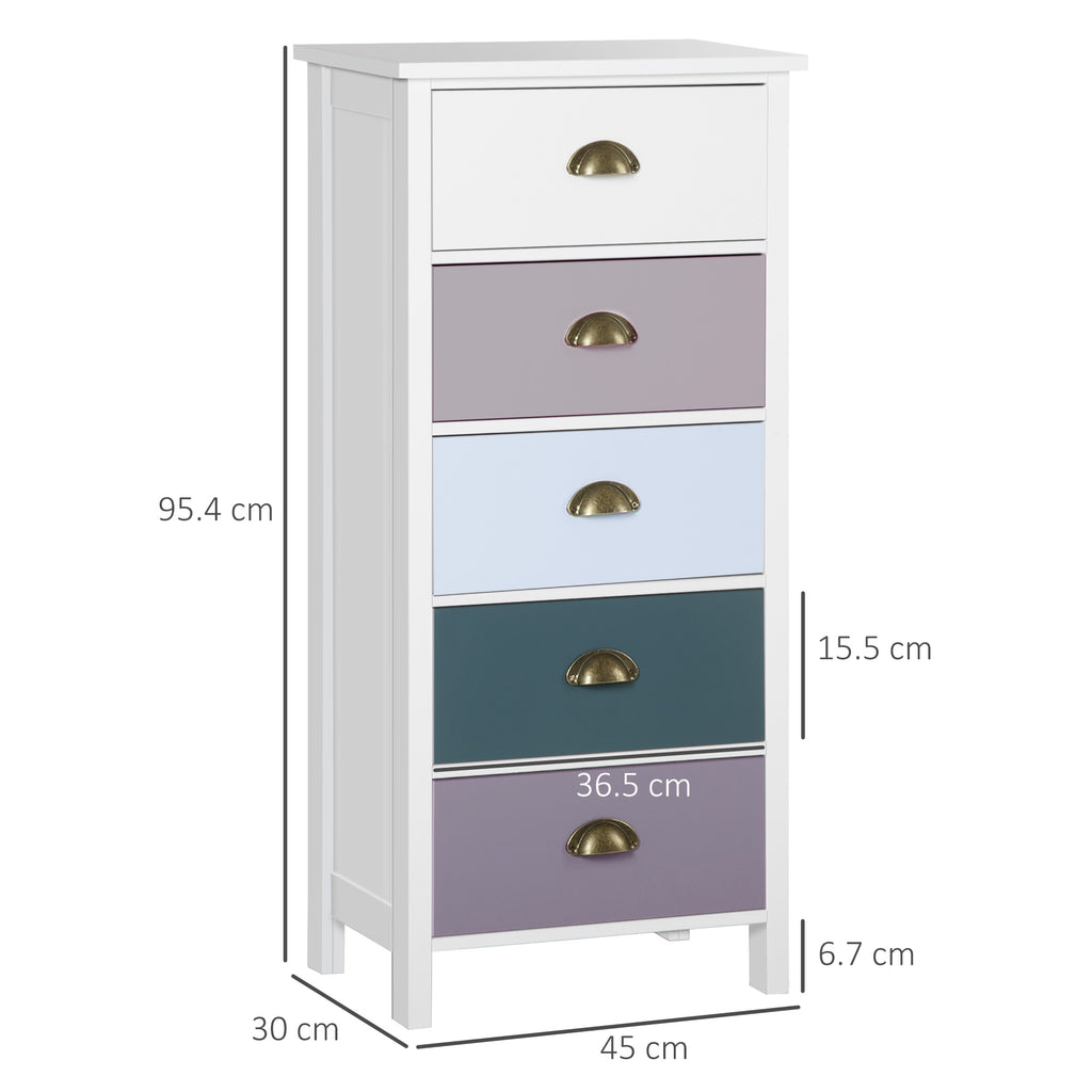 Chest of Drawers with 5 Colourful Drawers, Tall and Space-Saving Dresser, Multi-Coloured Blue