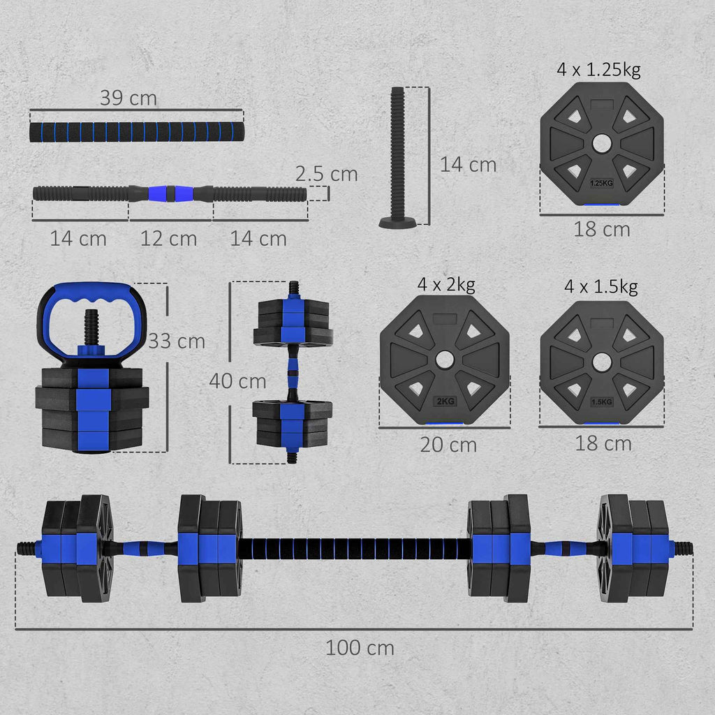 SPORTNOW 6-in-1 Multifunction Gym Weight Set, 20kg Total, Plastic and Sand, 125x18x18 cm, Blue