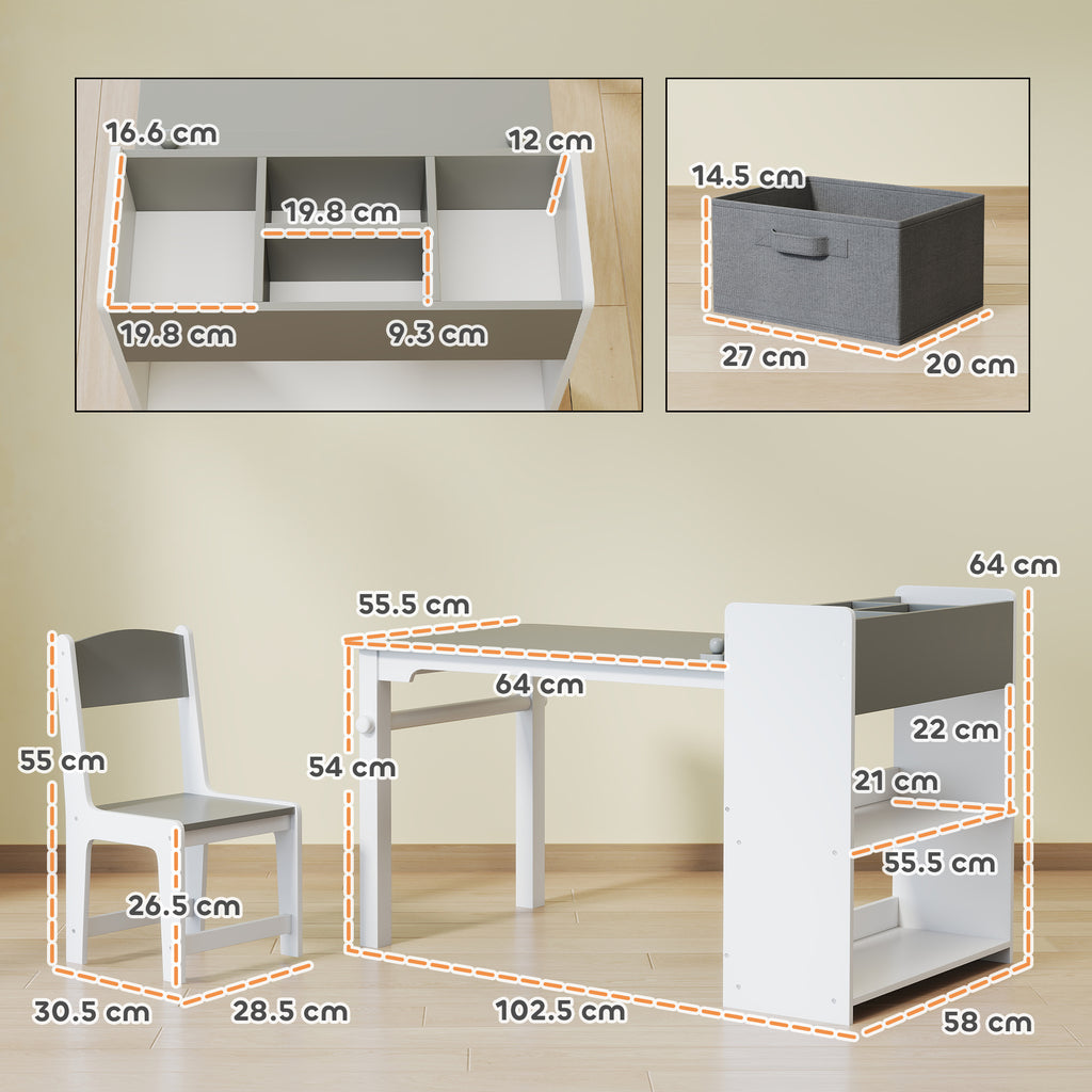 Children's Table and Chair Set with 2 Chairs and Storage Table, Made of Wood and Non-Woven Fabric, Grey and White